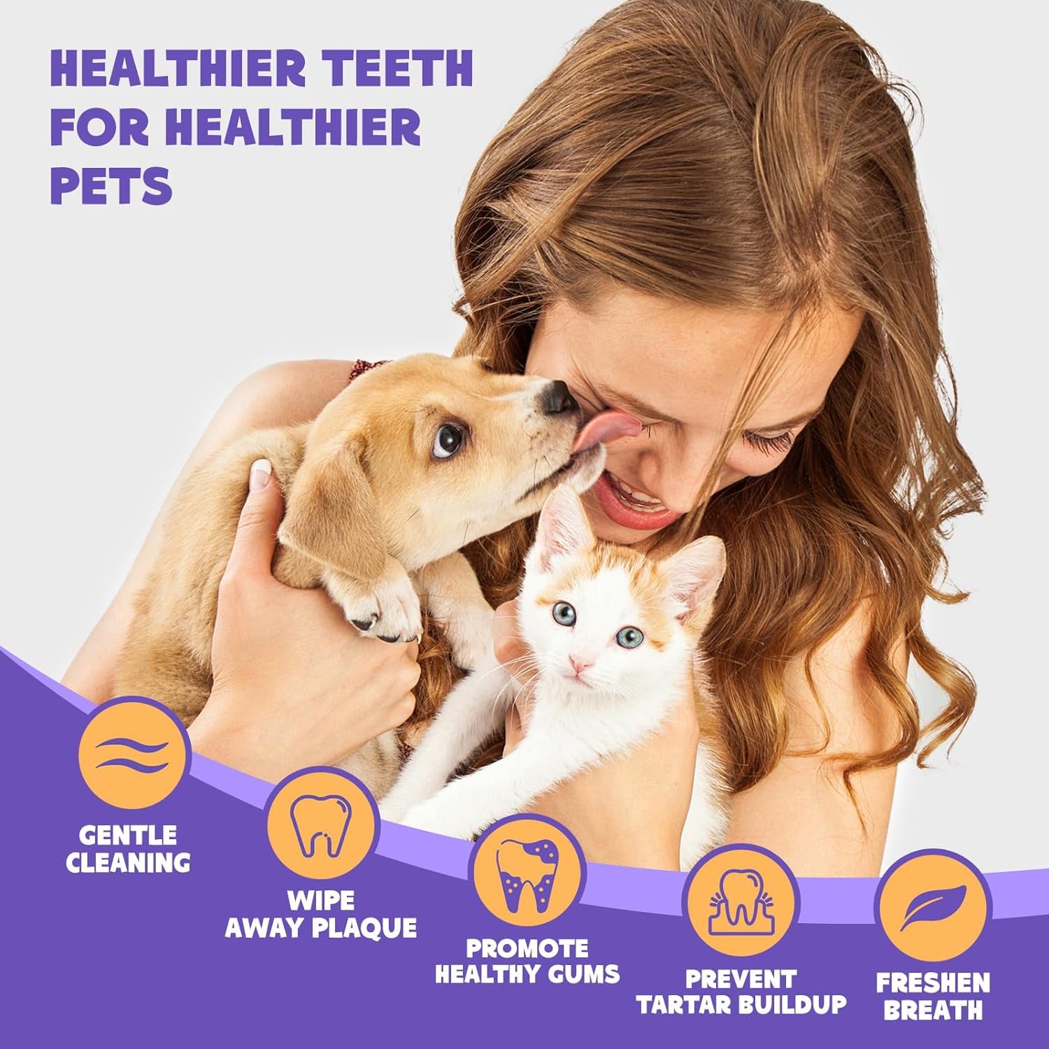 Teeth Cleaning Wipes for Dogs & Cats, Remove Bad Breath by Removing Plaque and Tartar Buildup No-Rinse Dog Finger Toothbrush, Disposable Gentle Cleaning & Gum Care Pet Wipes, 50 Counts