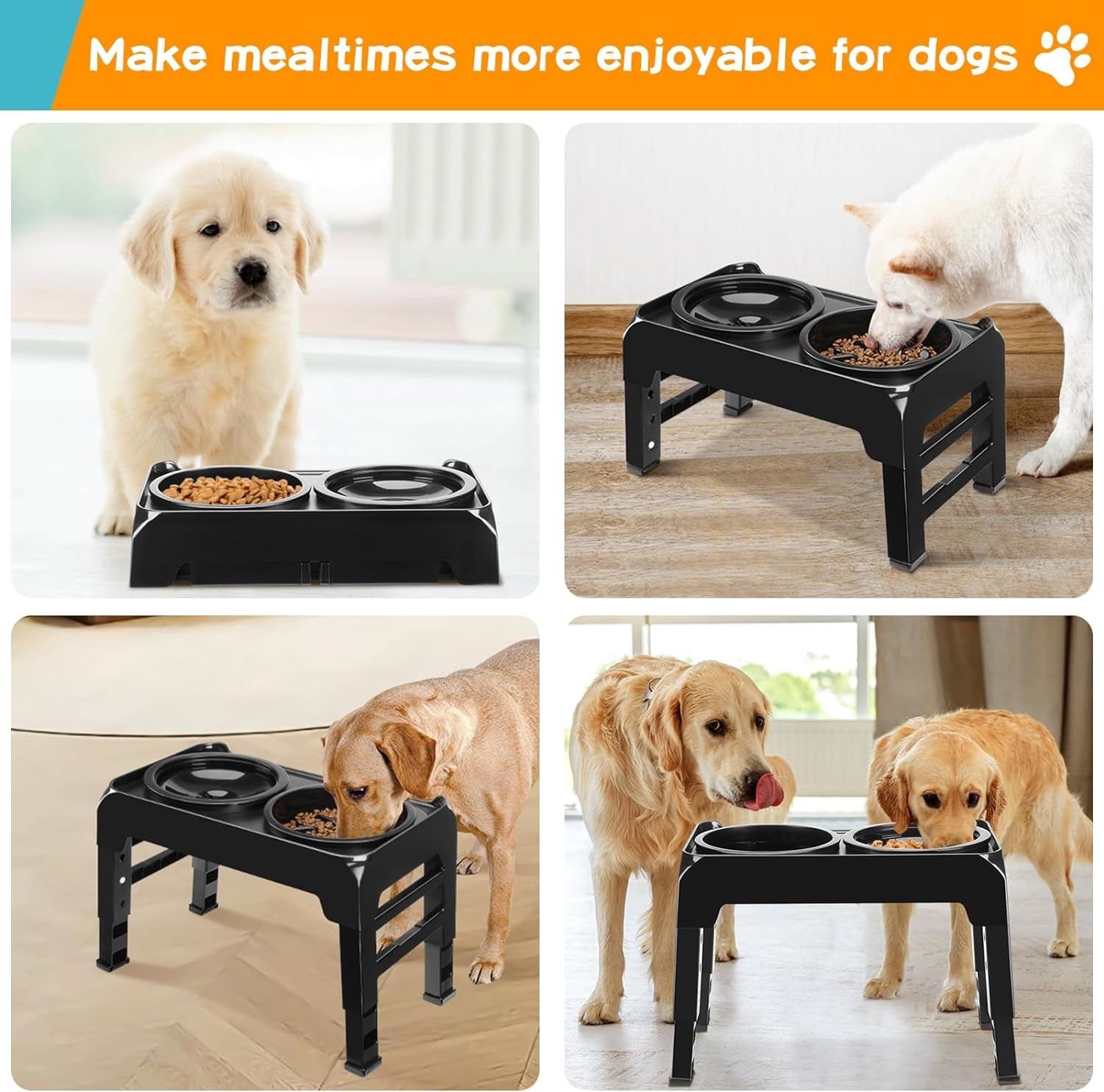 2-In-1 Elevated Dog Bowls Slow Feeder for Large Breed Medium Sized Dogs with No Spill Dog Water Bowl, 4 Height Adjustable Raised Dog Bowl Stand for Food and Water, Non-Slip Dog Feeder, Black