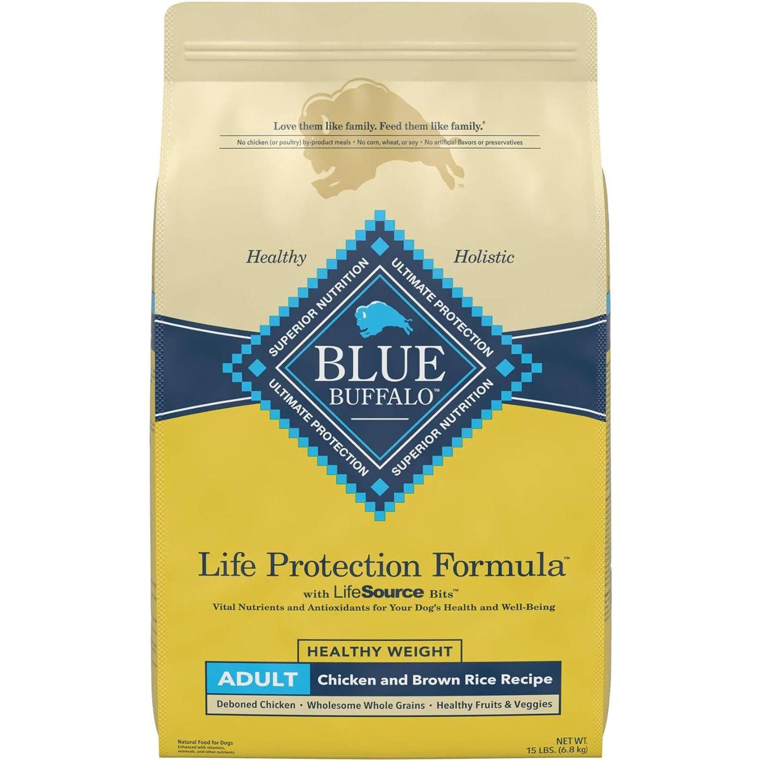 A bag of Blue Buffalo Life Protection Formula adult dog food with chicken and brown rice recipe for healthy weight management.