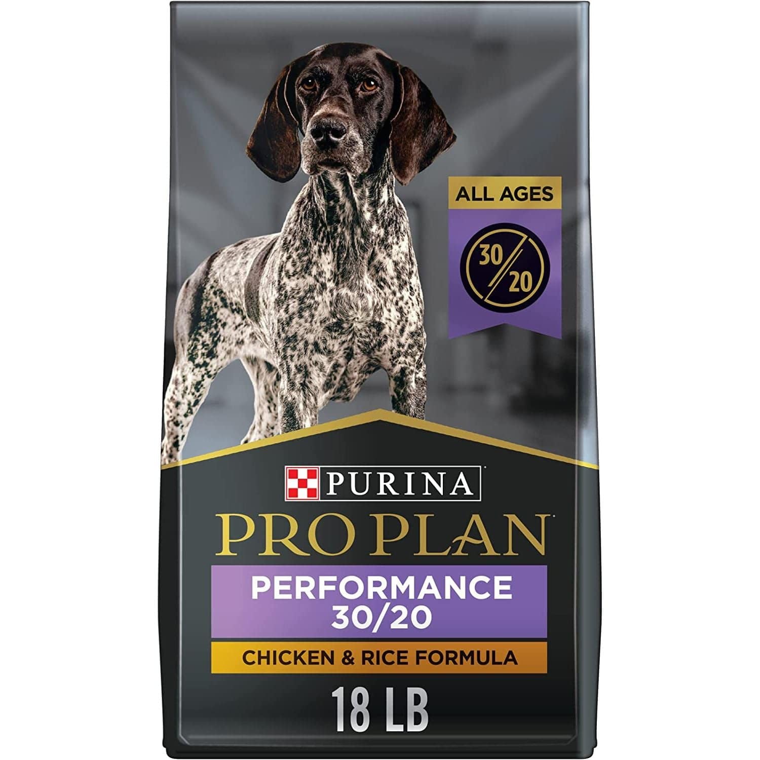 A bag of  Purina Performance 30/20 Chicken & Rice Formula dog food 18 pounds in size with a picture of a brown and white spotted dog on the front.