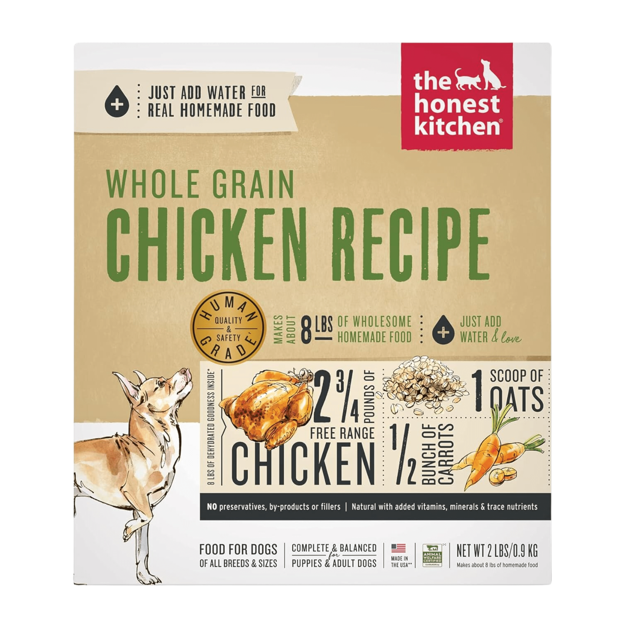 The Honest Kitchen Dog Food brand, featuring a whole grain chicken recipe for dog, made with quality ingredients like free-range chicken and vegetables..