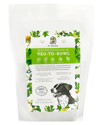 Dr. Harvey's Veg-To-Bowl Dog Food : a bowl filled with nutritious vegetarian dog food, made with fresh vegetables and other wholesome ingredients.