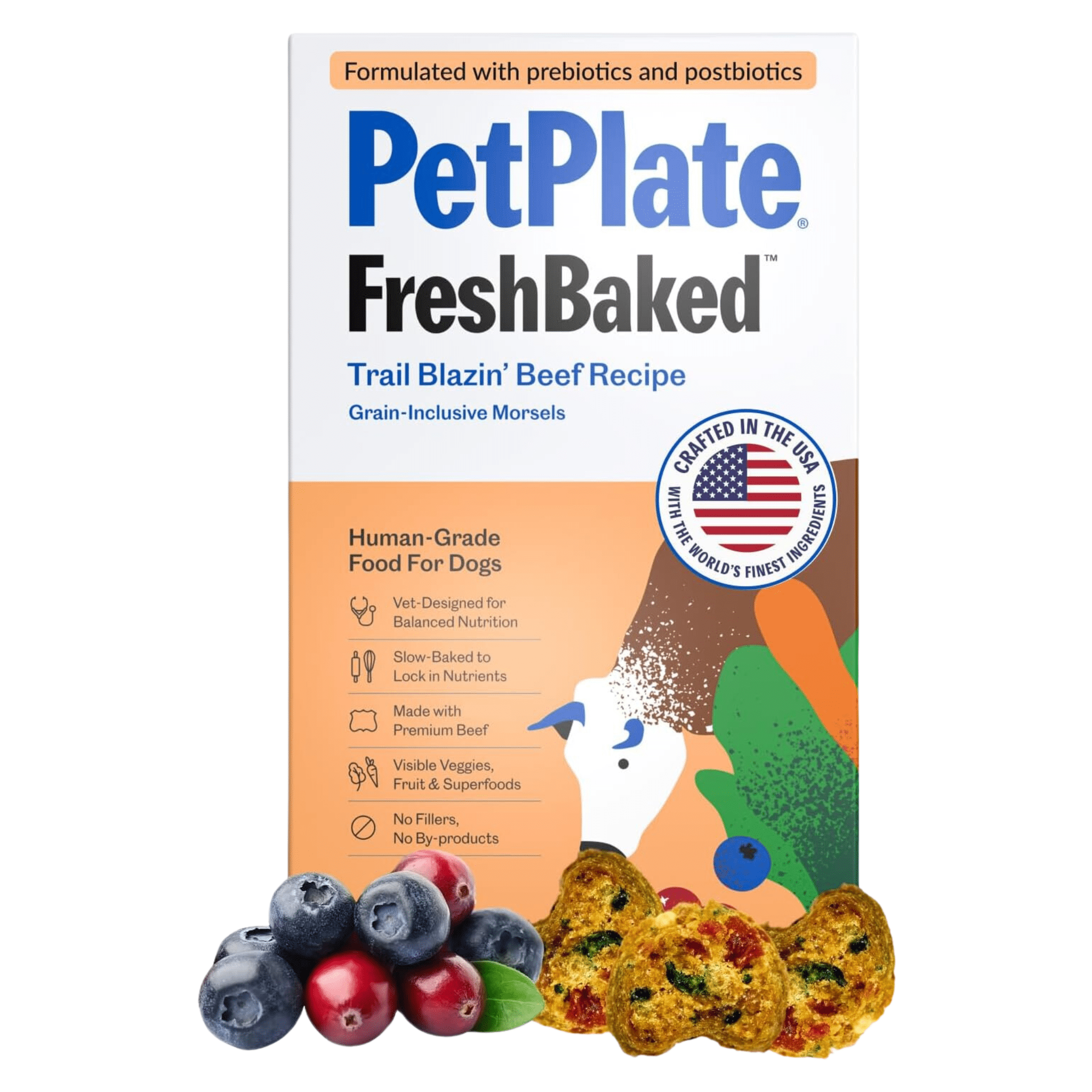 A box of Petplate Human Grade Kibble FreshBaked Trail Blazin' Beef Recipe cereal for dogs formulated with prebiotics and postbiotics, grain-inclusive morsels, and is human-grade. 