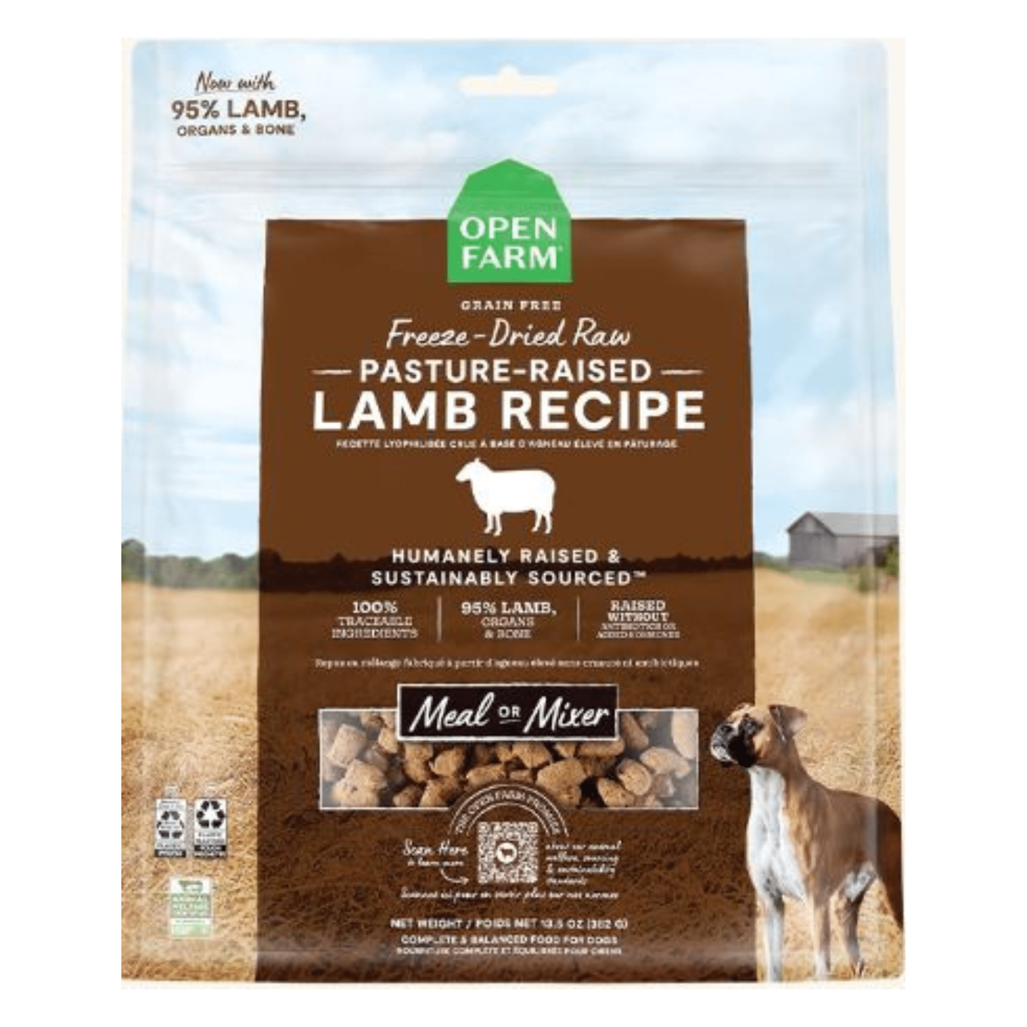 Package of Open Farm Freeze Dried Dog Food Raw Pasture-Raised Lamb Recipe dog food with icons indicating it is grain free, contains 95% lamb, organs, and bone, and is humanely raised and sustainably sourced. The front of the package also pictures a farm scene and a brown dog to the right.