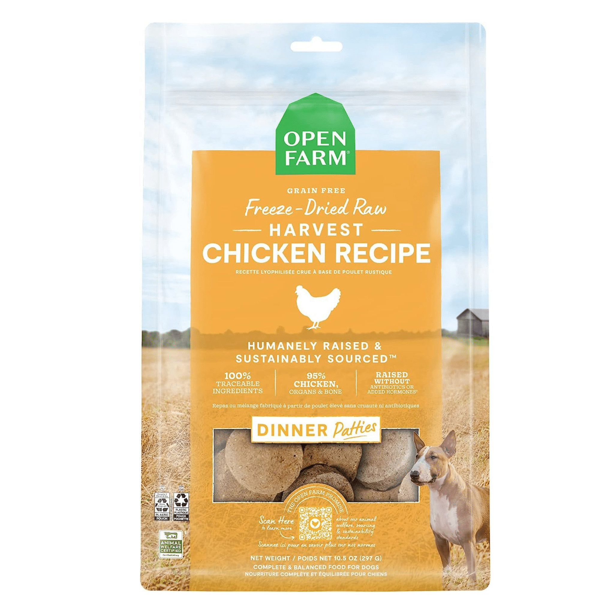 Package of Open Farm Freeze Dried Patties Raw Harvest Chicken Recipe dog food, featuring farm imagery in the background and the product's benefits such as being grain-free, sustainably sourced, and featuring 100% traceable ingredients.