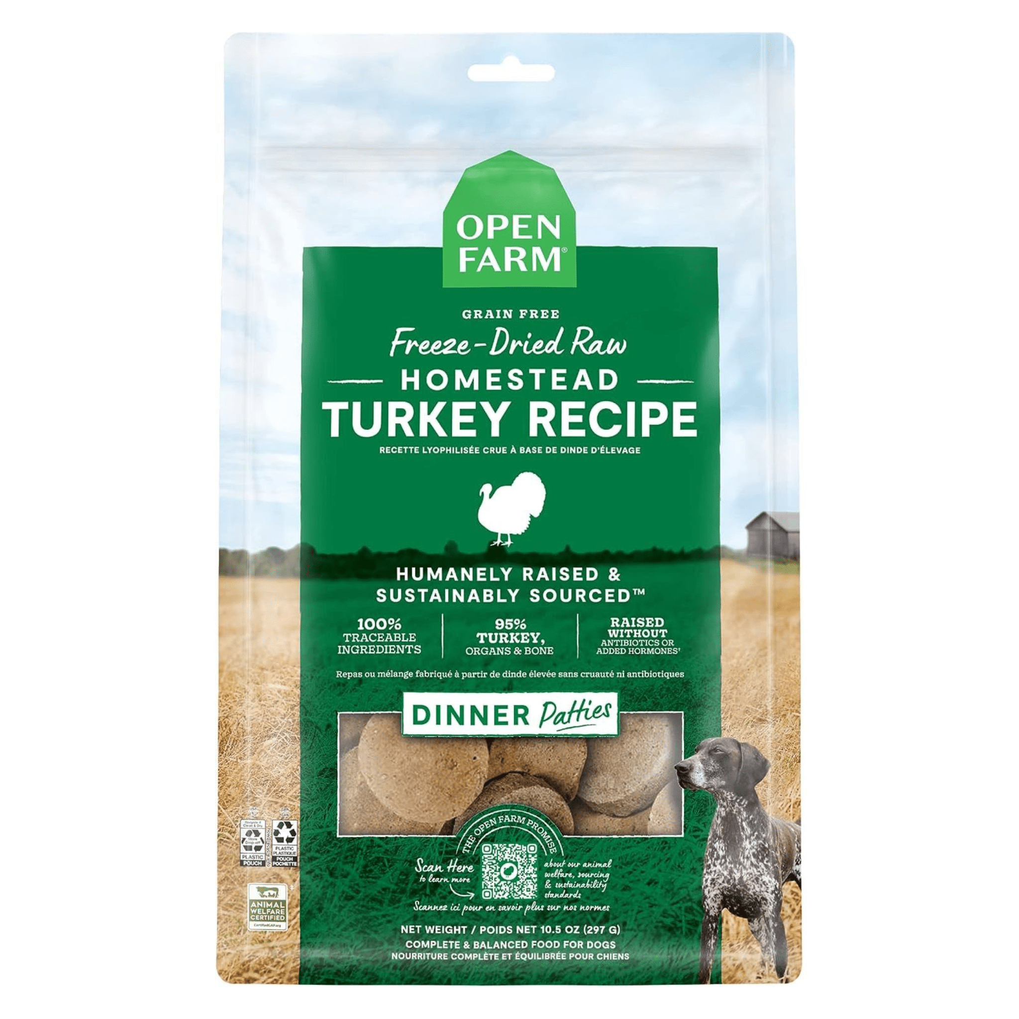 Product packaging for Open Farm's Grain Free Freeze-Dried Raw Homestead Turkey Recipe for dogs, featuring images of turkey dinner patties and a farm landscape in the background, highlighted with claims of humane and sustainable sourcing.