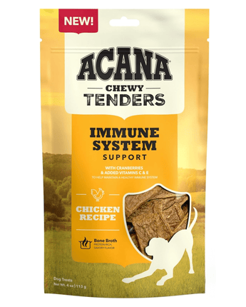 A bag of Acana Freeze Dried Tenders dog treats with immune system support, chicken recipe with cranberries and added vitamins C & E, bone broth protein-rich, savory flavor, net weight of 4 oz or 113g.