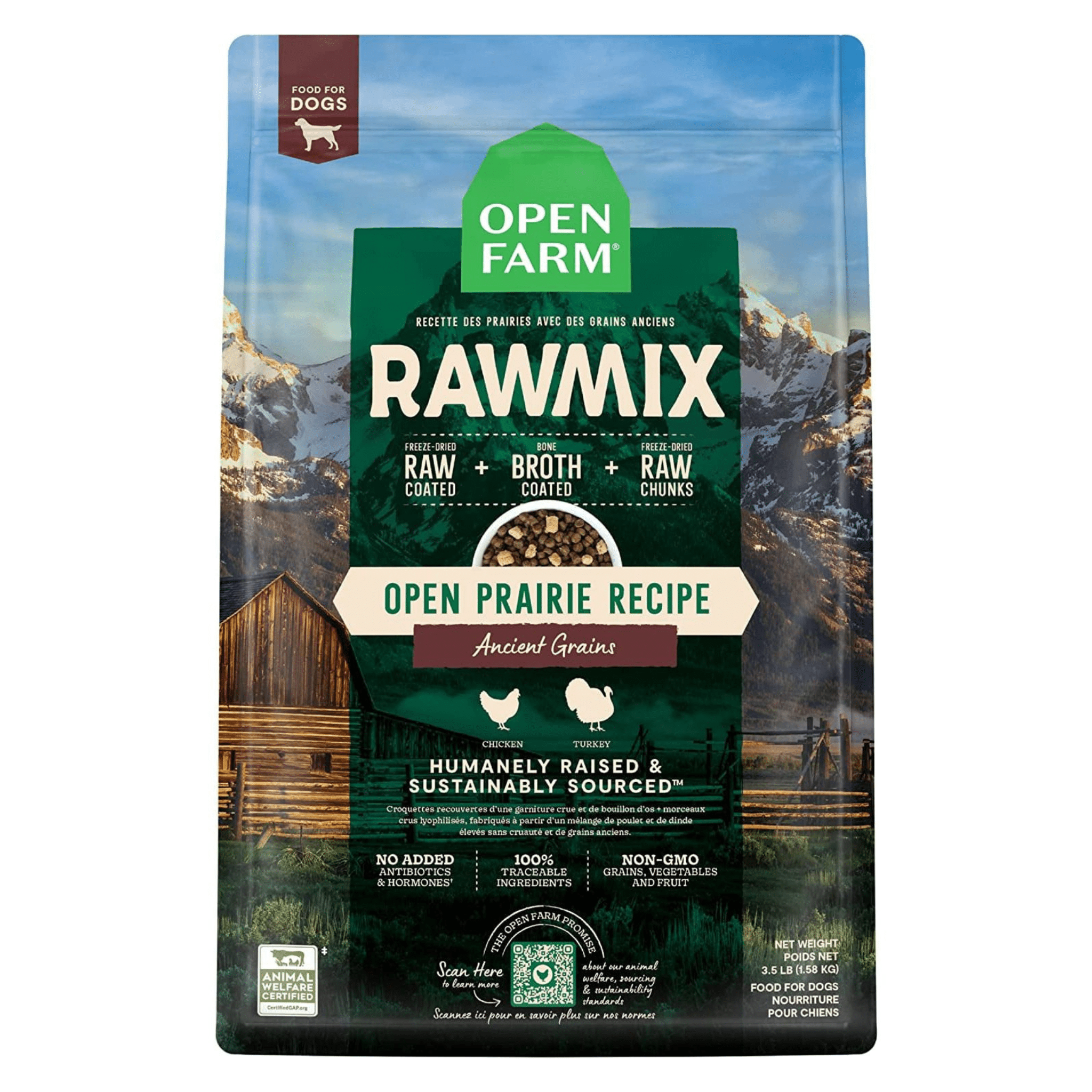 A bag of Open Farm RawMix dog food featuring the "Open Prairie Recipe" with ancient grains, displaying images of chicken and turkey and advertising raw mix ingredients in a scenic prairie and mountain backdrop. Text on the bag highlights sustainably sourced, no added antibiotics or hormones, and non-GMO ingredients.