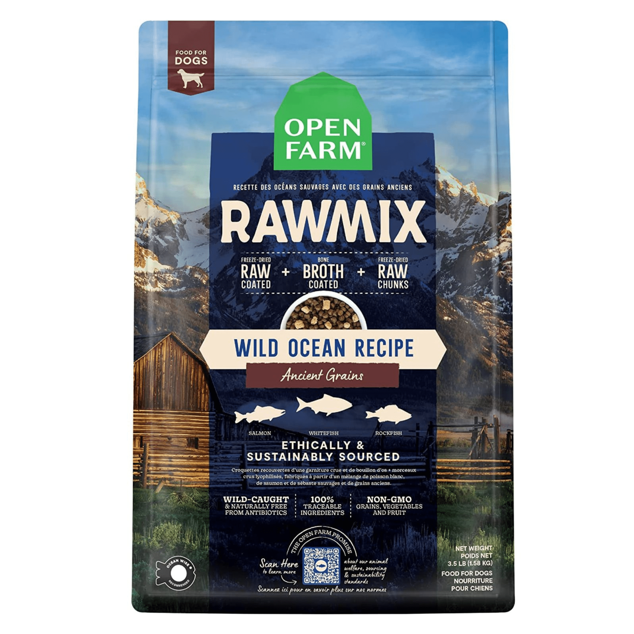 Bag of Open Farm Rawmix dog food, featuring the Wild Ocean Recipe with Ancient Grains. The packaging displays a mountainous background and a barn, emphasizing ethically sourced ingredients like salmon, whitefish, and rockfish. Icons at the bottom highlight no antibiotics, non-GMO, and scan code for traceability details.