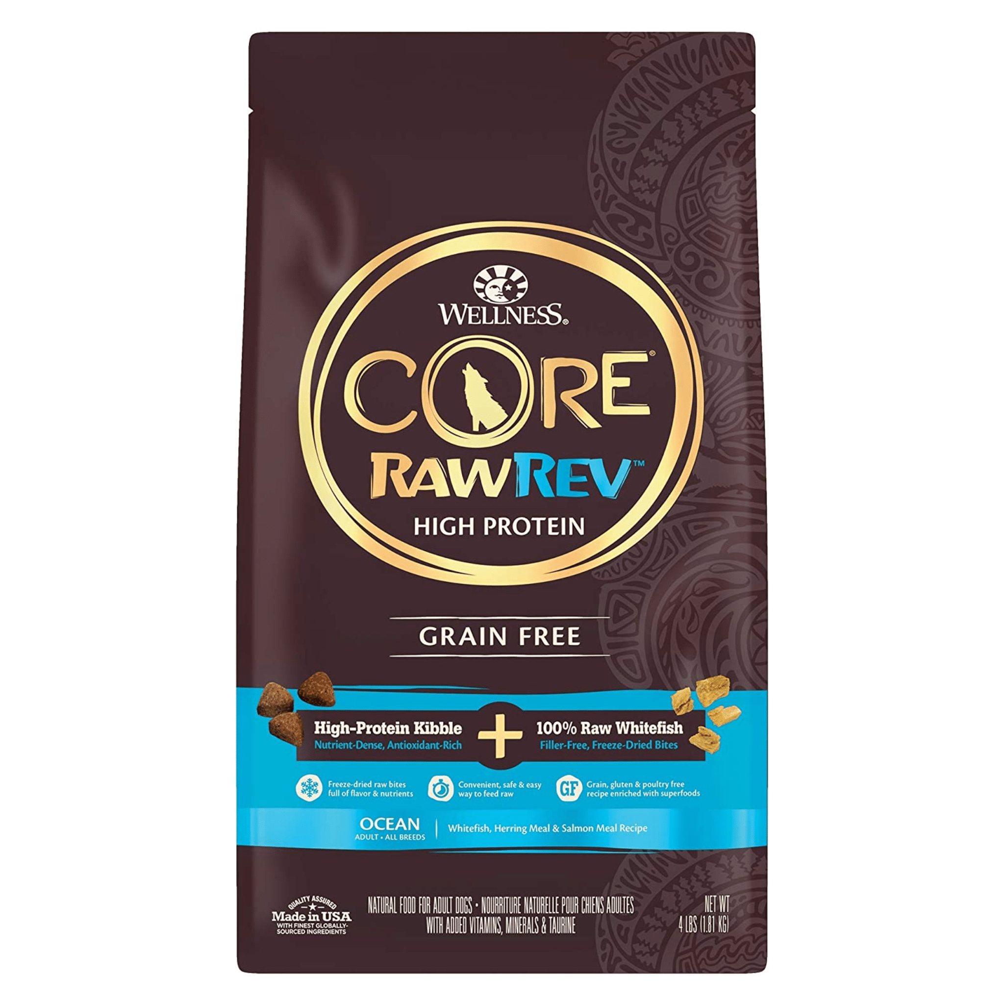 A bag of Wellness Core RawRev High Protein Grain Free dog food, with high-protein kibble and 100% raw whitefish freeze-dried bites, Ocean flavor made with whitefish, herring meal, and salmon meal recipe, 4lbs.