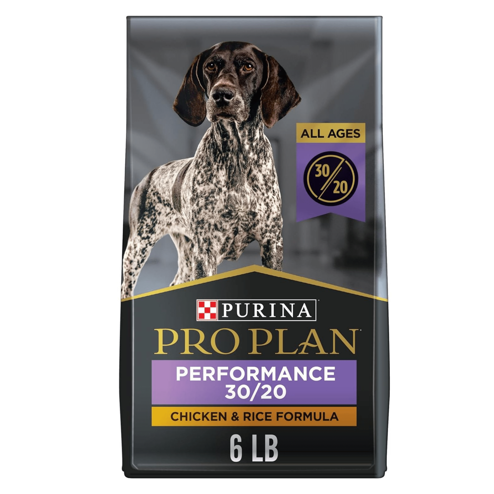 A bag of  Purina Performance 30/20 Chicken & Rice Formula dog food 6 pounds in size with a picture of a brown and white spotted dog on the front.