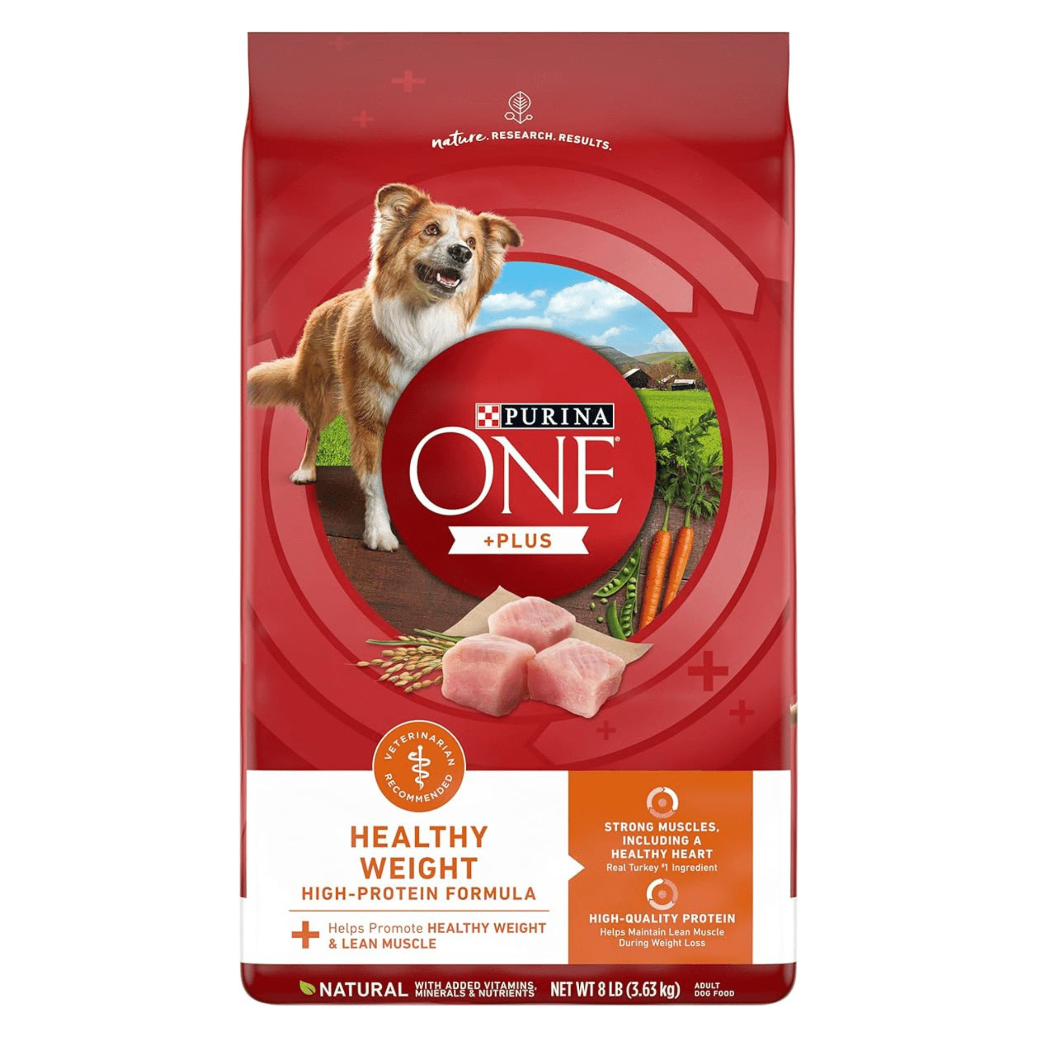 A package of Purina ONE +Plus Healthy Weight High-Protein Formula dog food with raw turkey pieces and vegetables depicted in the foreground, and a scenic landscape in the background. The packaging has text highlighting it is natural dog food with added vitamins, minerals & nutrients, and helps promote healthy weight and lean muscle.