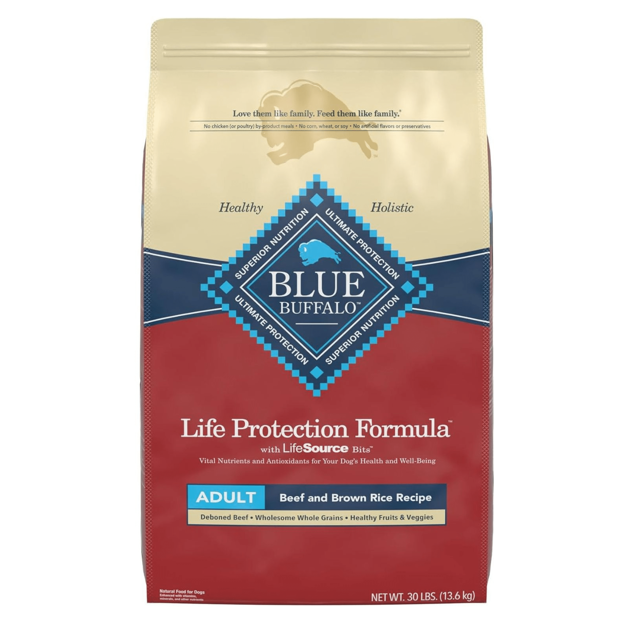 A bag of Blue Buffalo Life Protection Formula Adult Beef and Brown Rice Recipe dog food.