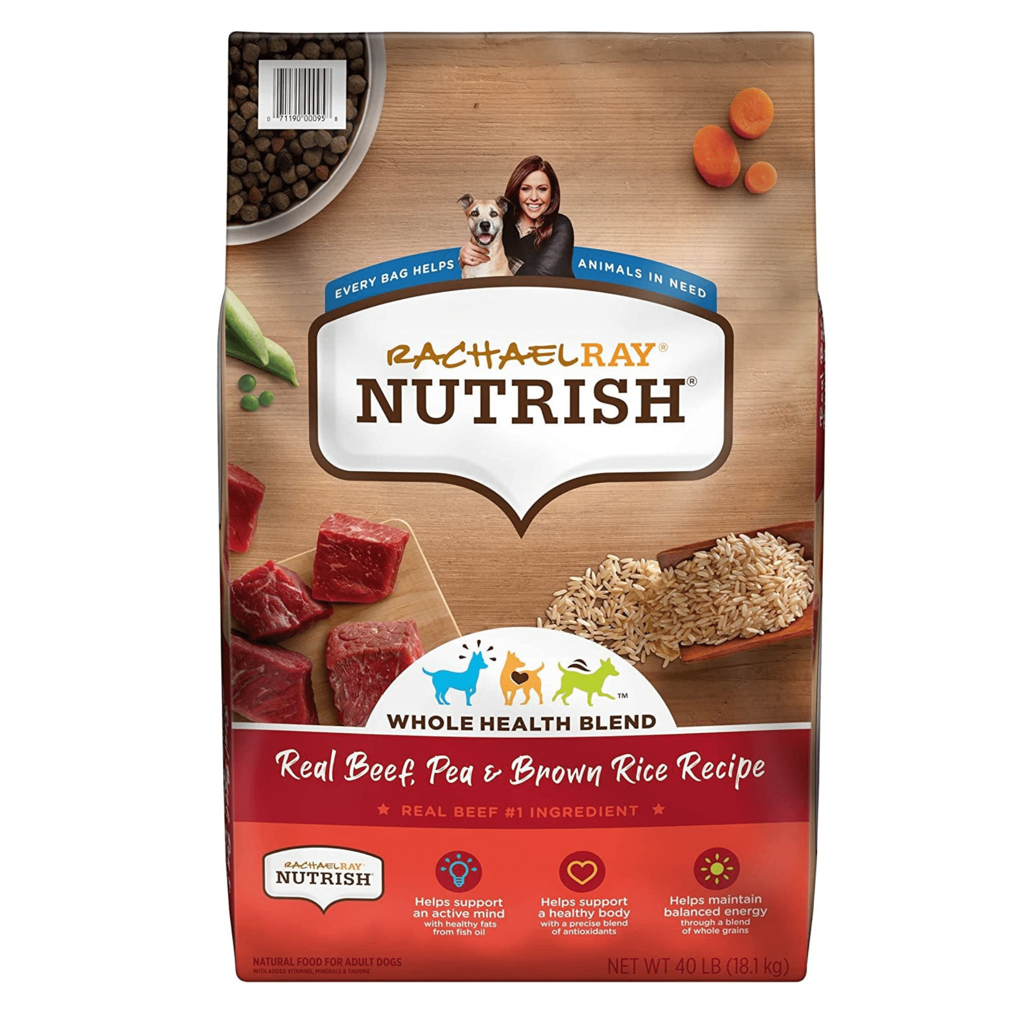 A package of Rachael Ray Nutrish Whole Health Blend, Real Beef, Pea & Brown Rice Recipe dog food. The package has images of raw beef cubes, peas, brown rice, a bowl of kibble, and a few sliced carrots. It has icons indicating support for an active mind, a healthy body, and balanced energy. Net weight is marked as 40 lb (18.1 kg).