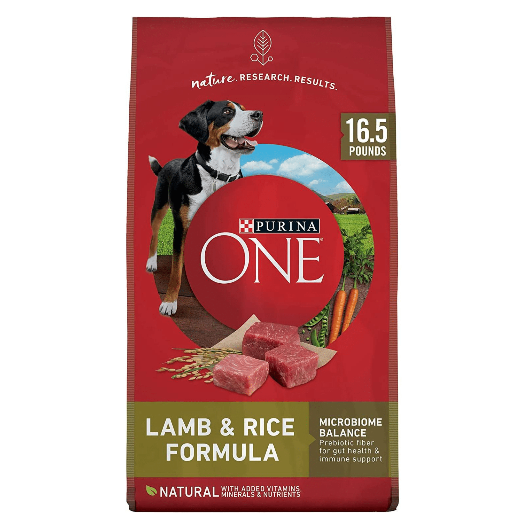 A bag of Purina ONE Lamb & Rice Formula dog food with a smiling black and white dog on the front, and images of raw lamb and rice. The bag is 16.5 pounds and contains added vitamins, natural minerals, and nutrients for microbiome balance and immune support.