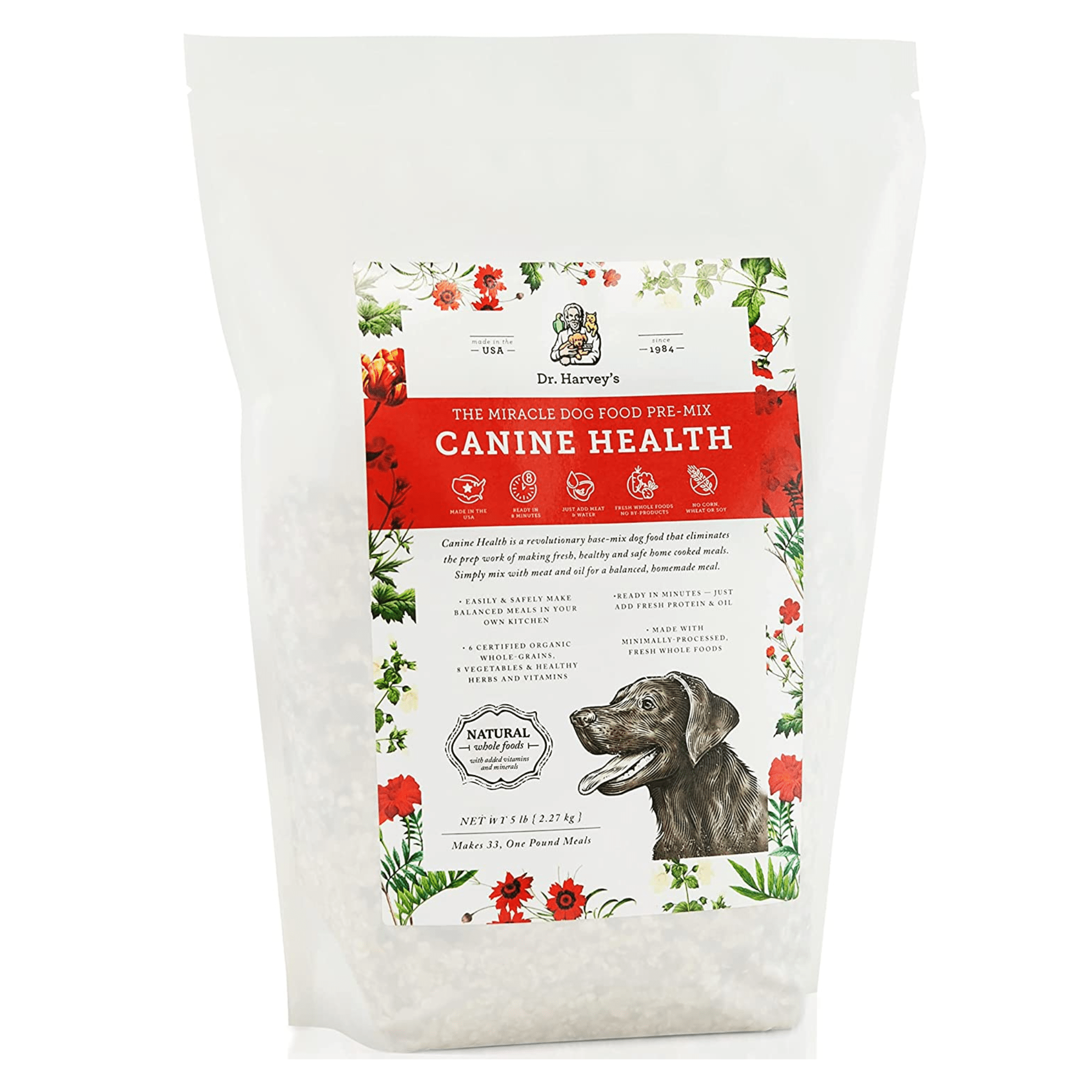 Dr. Harvey's Human Grade Dog Food packaged with red background, promoting its nutritious and delicious formula.