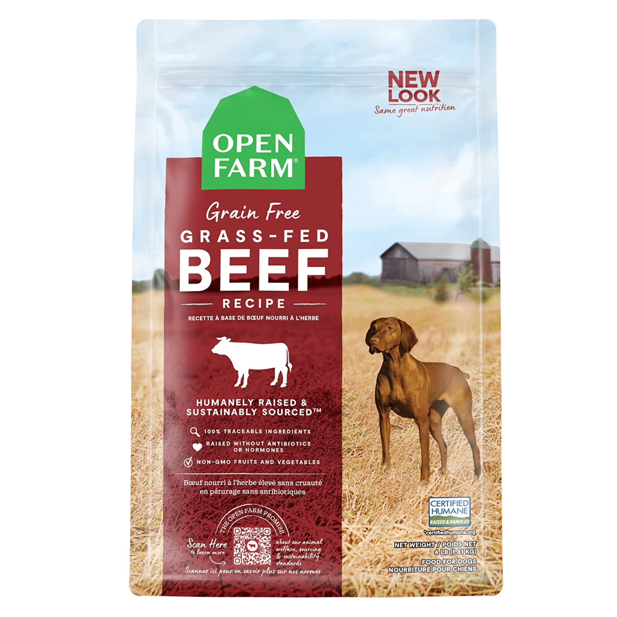 A bag of Open Farm Human Grade Dog Food, featuring high-quality ingredients for canine nutrition.