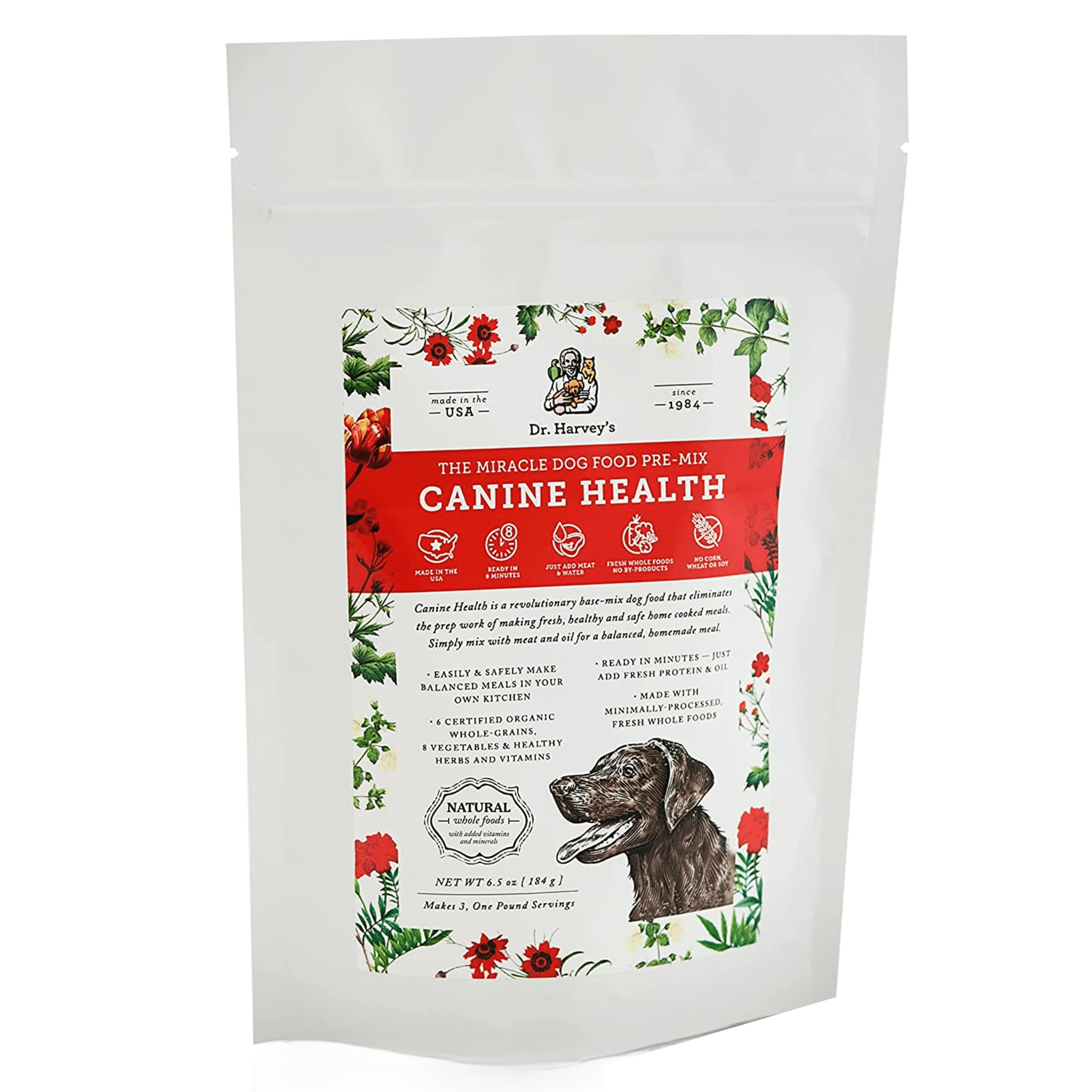 Dr. Harvey's Human Grade Dog Food packaged with red background, promoting its nutritious and delicious formula.