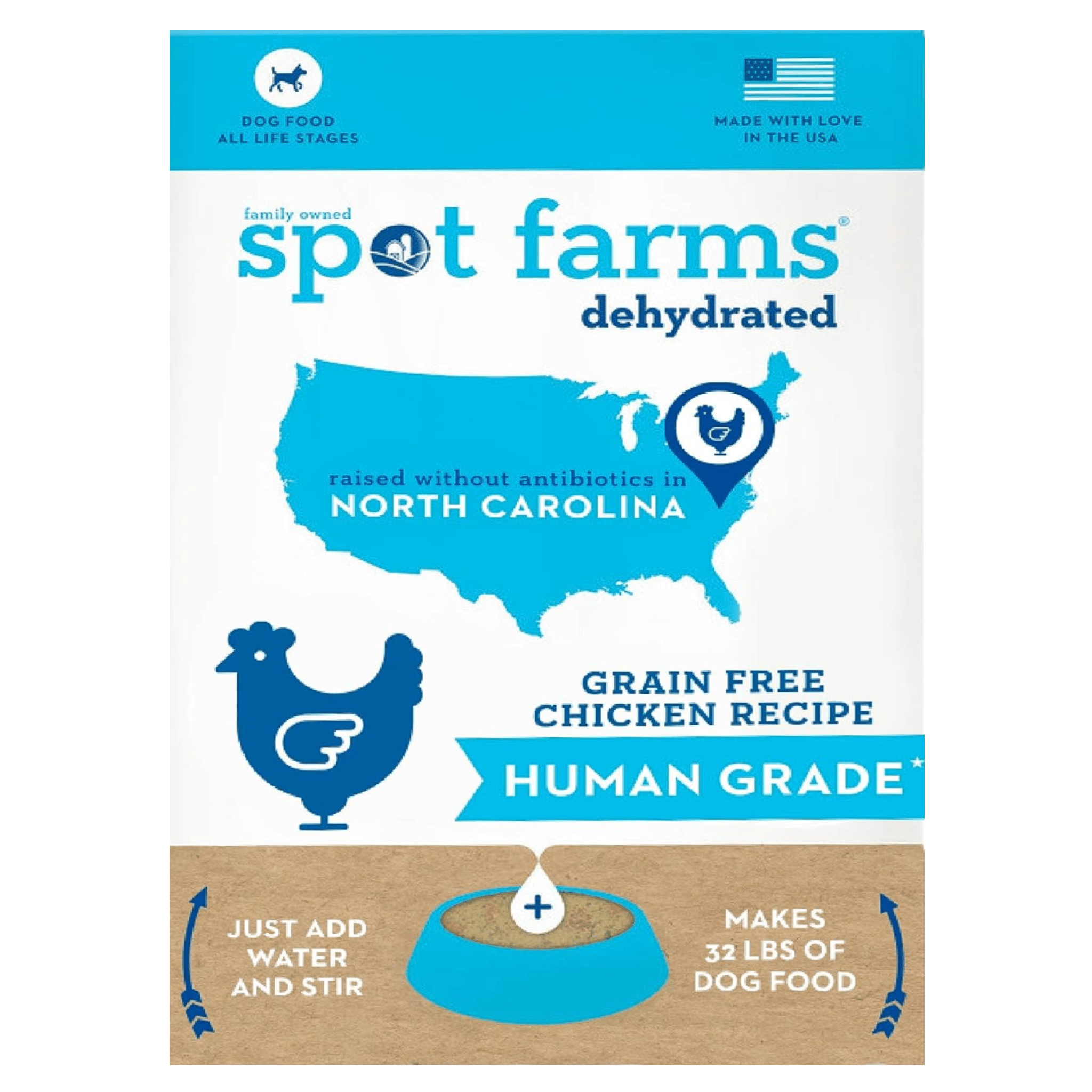 Front packaging showcasing the front packaging of Spot Farms Human Grade Dog Food. The packaging features a vibrant and inviting design, with the Spot Farms logo prominently displayed along with enticing images of fresh, wholesome ingredients. 