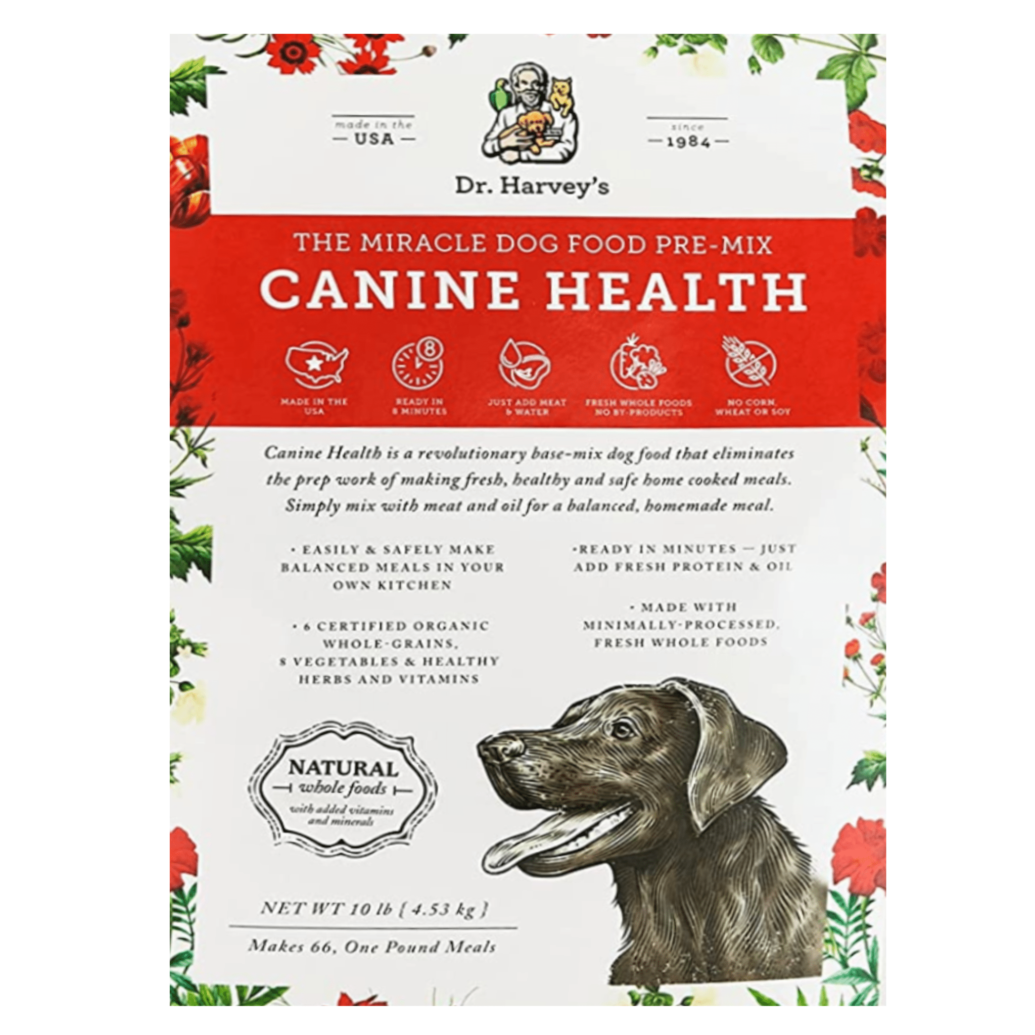 Dr. Harvey's Human Grade Dog Food packaged with red background, promoting its nutritious and delicious formula.