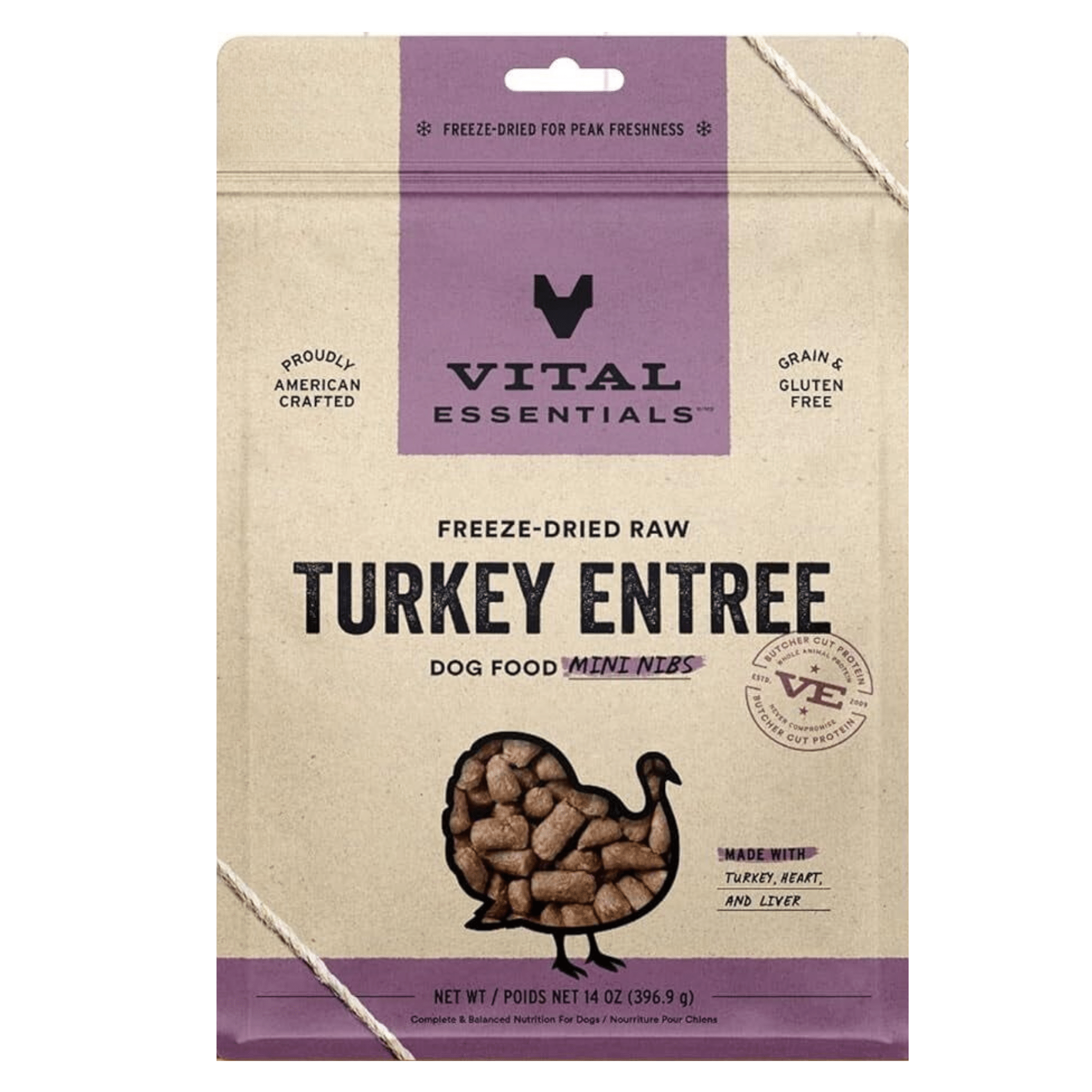 Packaging design for Vital Essentials Freeze Dried Food raw turkey entrée dog food mini nibs, displaying a beige and purple color scheme with a graphic of a turkey filled with the product, highlighted texts such as "grain & gluten free," also stating the product is proudly American crafted, and the net weight is 14 oz.