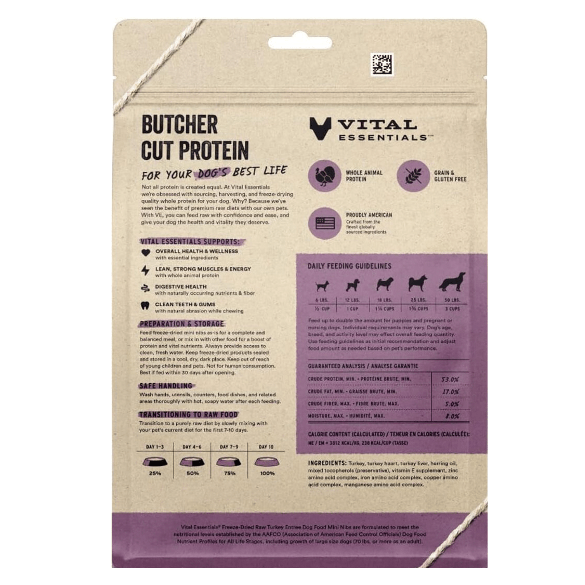 Packaging design for Vital Essentials Freeze Dried Food  "Butcher Cut Protein" dog food featuring sections detailing product benefits, feeding guidelines, and ingredient information in a heavily text-based layout with purple accents.