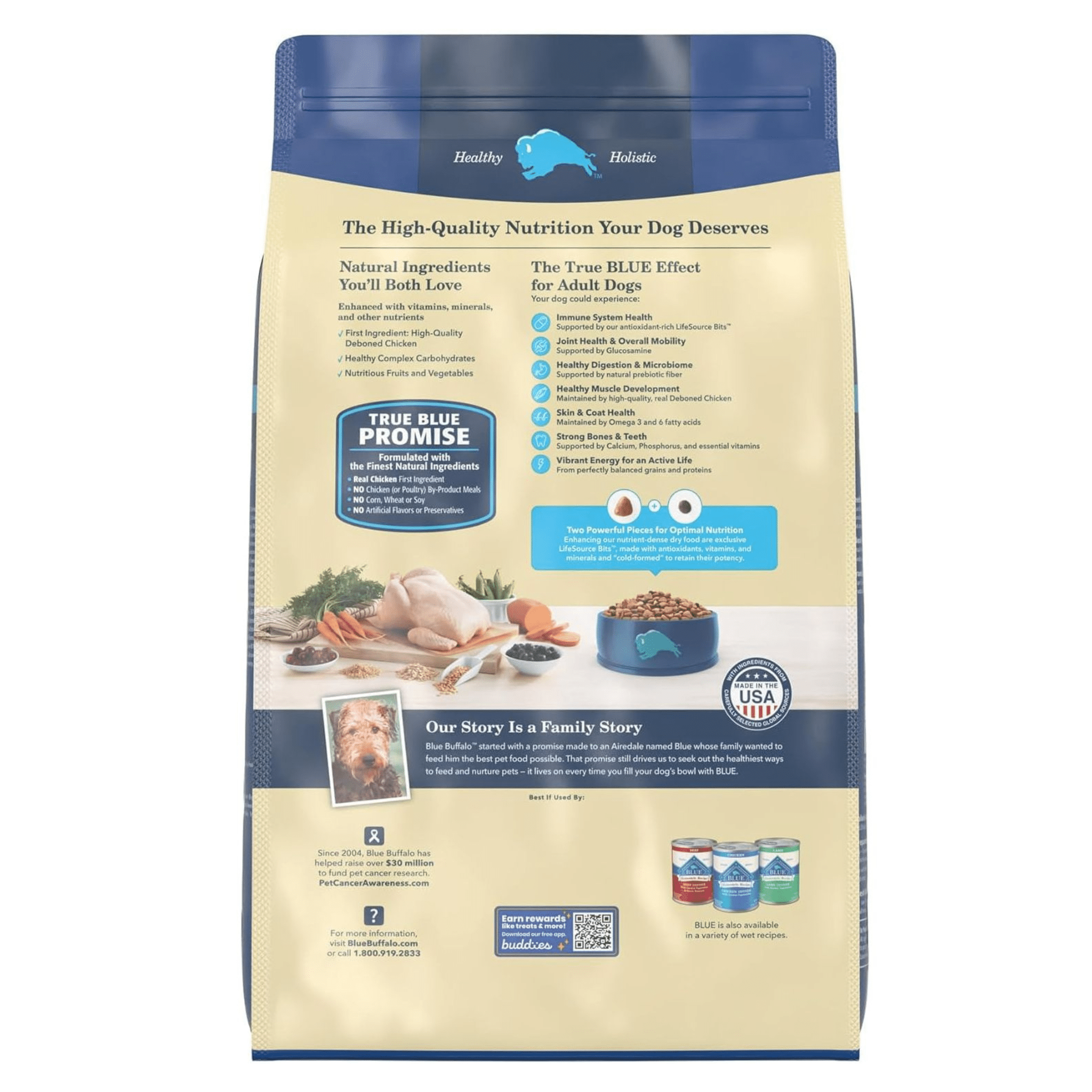 A bag of Blue Buffalo dog food highlighting the brand's "True Blue Promise" with natural ingredients and benefits for adult dogs, including images of fresh meat and vegetables, a bowl of dog food, and a picture of a dog at the bottom with text about the brand's family story.