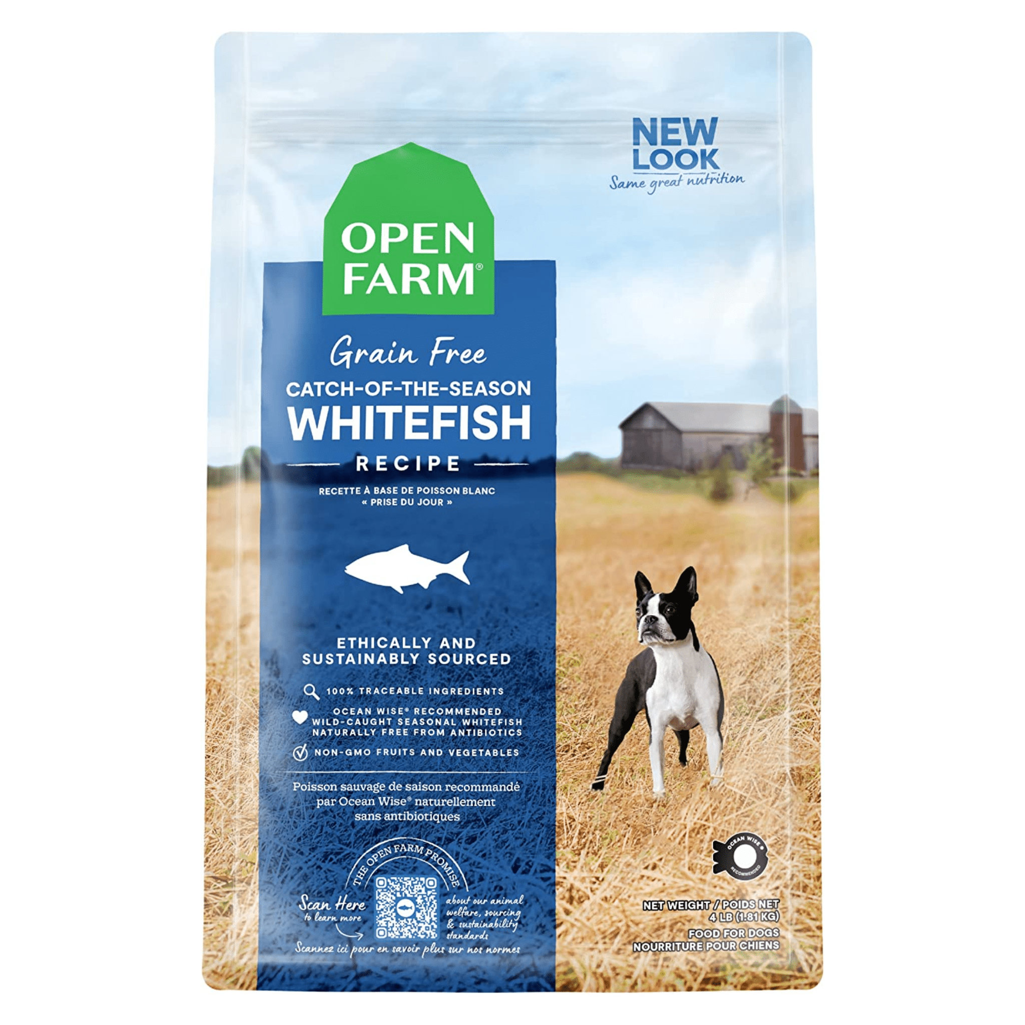 Dog food bag with 'Open Farm Whitefish Recipe' label, featuring fresh ingredients for your furry friend.