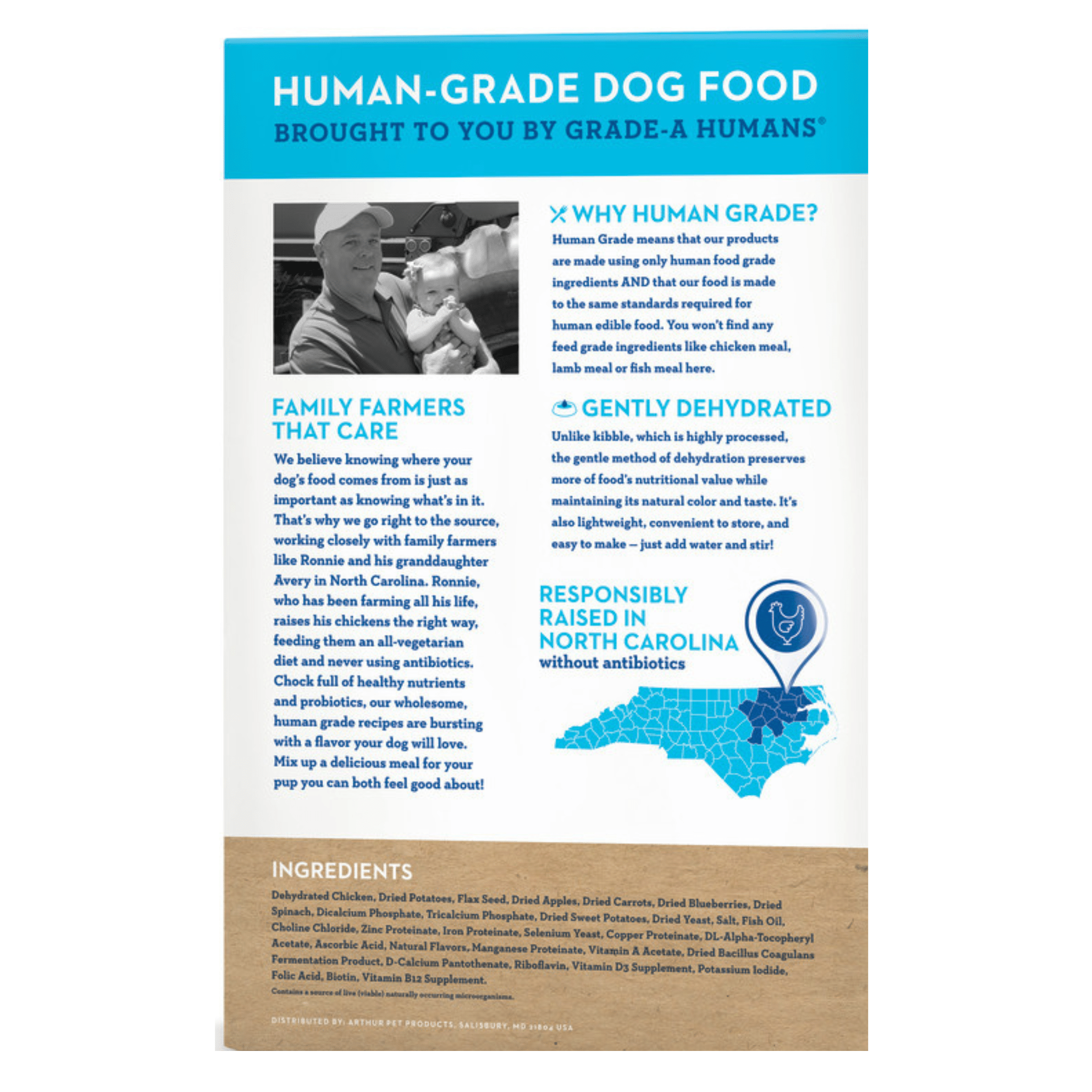 Back packaging of Spot Farms Human Grade Dog Food. The packaging provides detailed information about the ingredients, nutritional content, and feeding instructions, ensuring pet owners can make informed decisions about their dog's diet. C