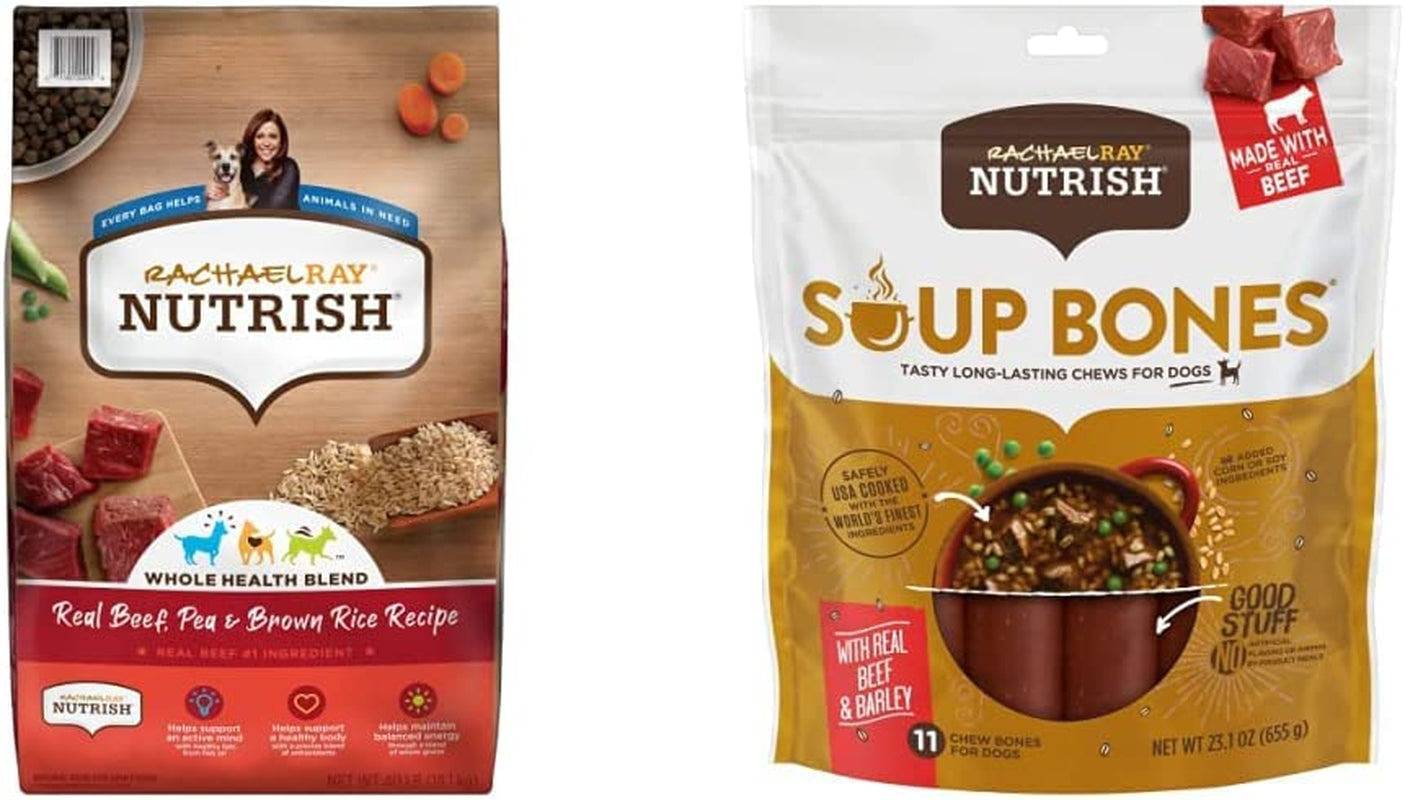 This image shows two products from the Rachael Ray Nutrish brand; on the left is a bag of dry dog food labeled as "Whole Health Blend Real Beef, Pea & Brown Rice Recipe" with images of raw beef, peas, and brown rice, and on the right is a package of "Soup Bones, tasty long-lasting chews for dogs" with an illustration of a bowl of soup and a red banner stating "Made with Real Beef & Barley". Both packages emphasize the use of real meat and have the brand's logo prominently displayed.