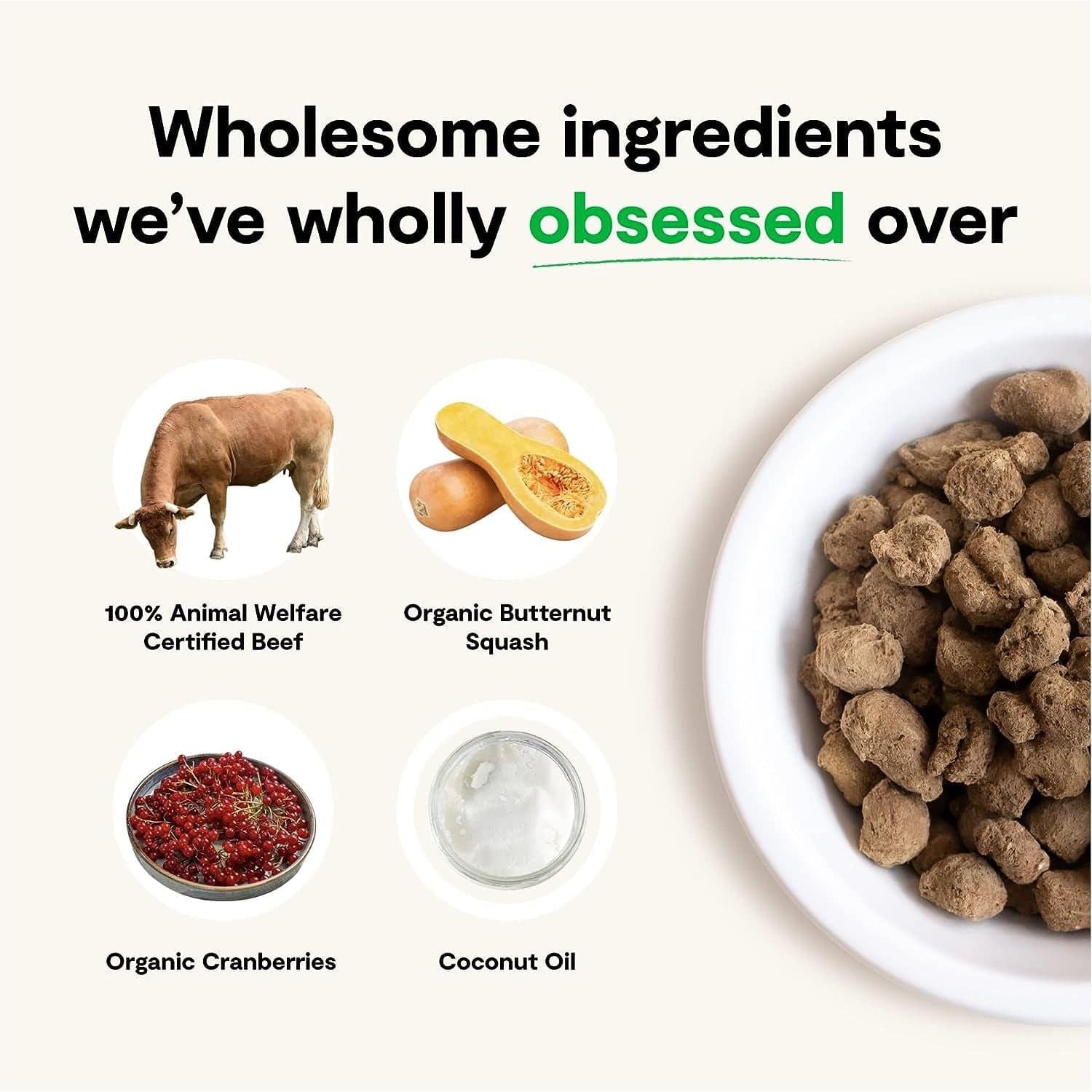 Promotional image for wholesome ingredients including a brown cow, halved butternut squash, organic cranberries, coconut oil, and a bowl of brown textured food chunks; text at top reads "Wholesome ingredients we’ve wholly obsessed over".