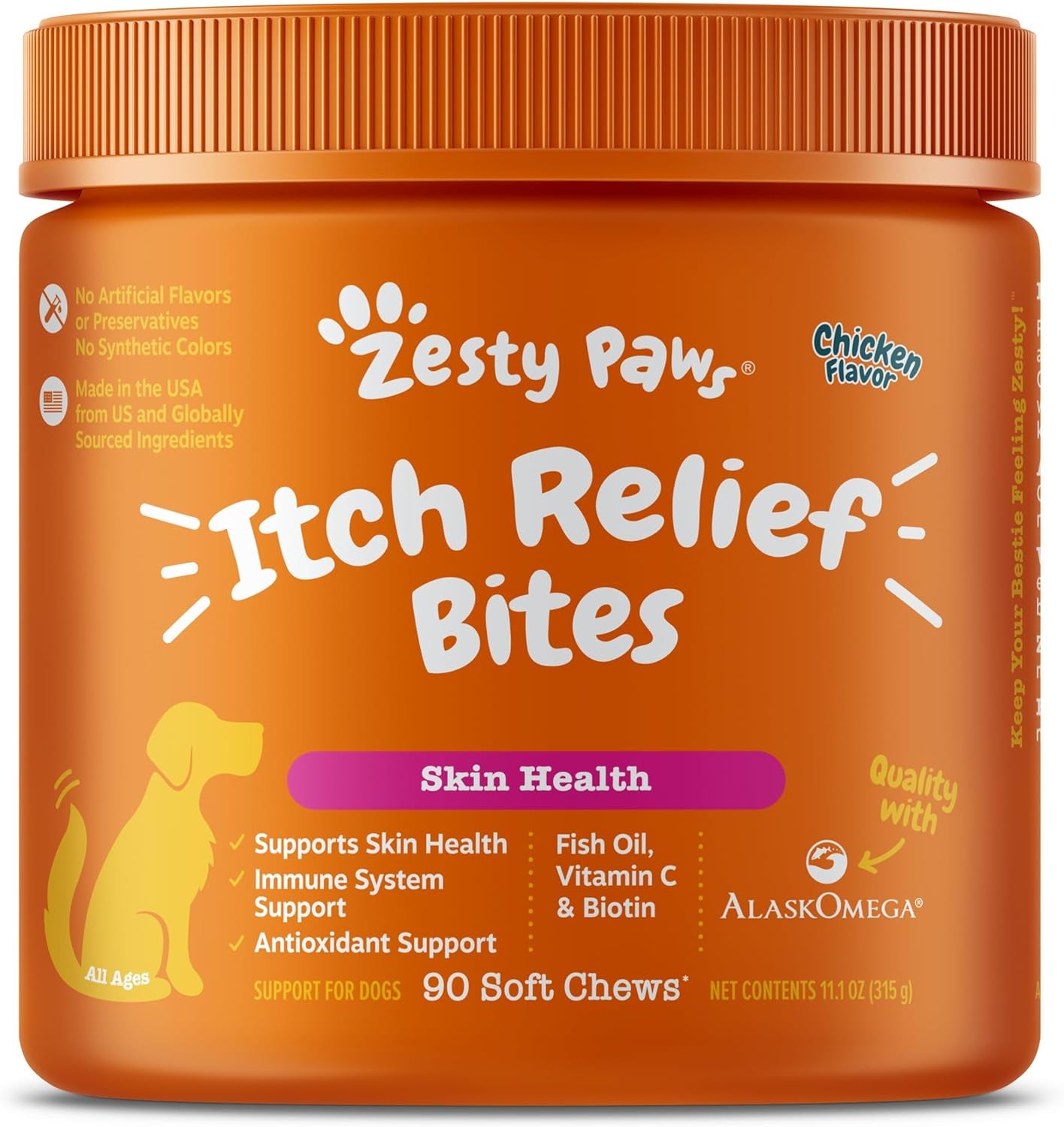 Zesty Paws Omega 3 Alaskan Fish Oil Chew Treats for Dogs - with Alaskomega for EPA & DHA Fatty Acids - Hip & Joint Support + Skin & Coat Chicken Flavor (90 Soft Chews)