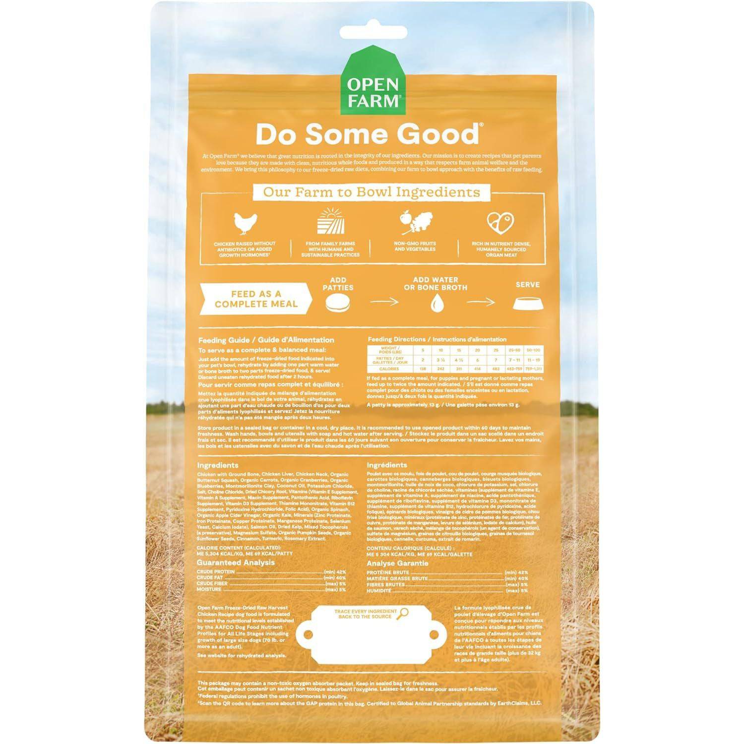 Packaging of Open Farm dog food with text "Do Some Good" in a field, detailing ingredients, feeding guide, and nutritional information on a pastel yellow background.