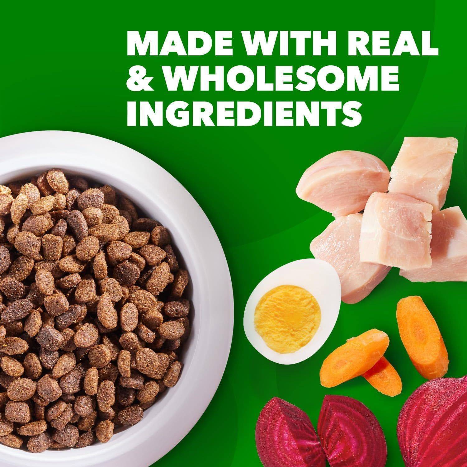 A bowl of dry dog food surrounded by real ingredients such as chunks of raw chicken, half a boiled egg, sliced carrots, and sliced beets, with text saying "MADE WITH REAL & WHOLESOME INGREDIENTS" on a green background.