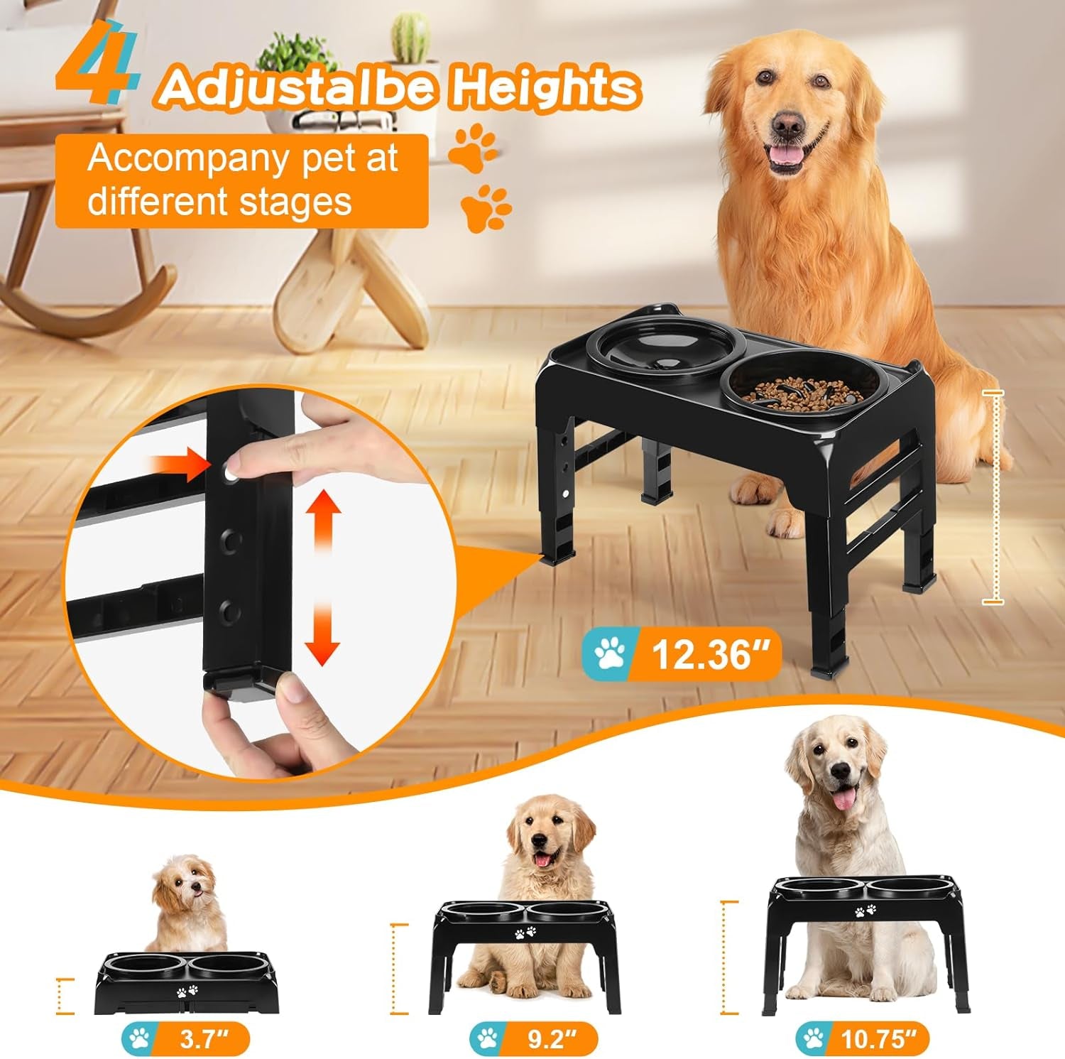 2-In-1 Elevated Dog Bowls Slow Feeder for Large Breed Medium Sized Dogs with No Spill Dog Water Bowl, 4 Height Adjustable Raised Dog Bowl Stand for Food and Water, Non-Slip Dog Feeder, Black