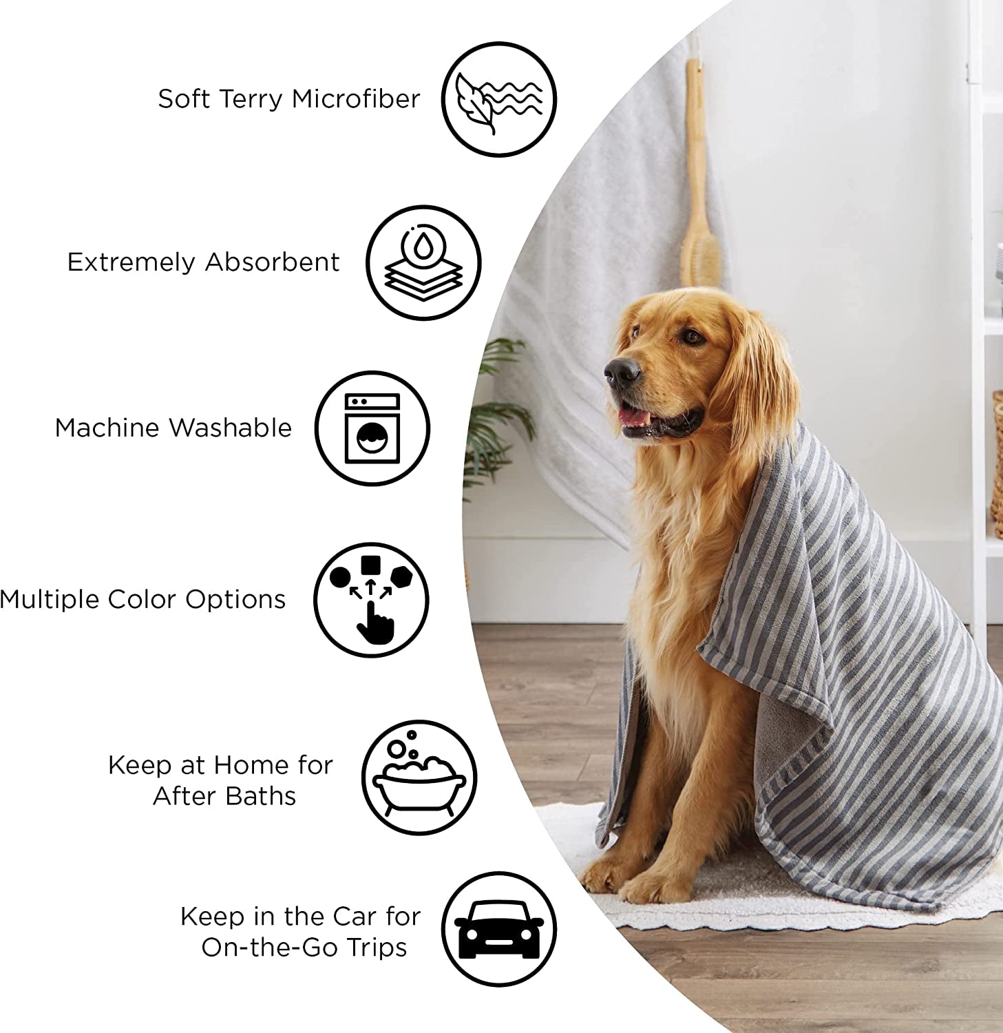 Bone Dry Pet Grooming Towel Collection Absorbent Microfiber X-Large, 41X23.5", Embroidered Gray