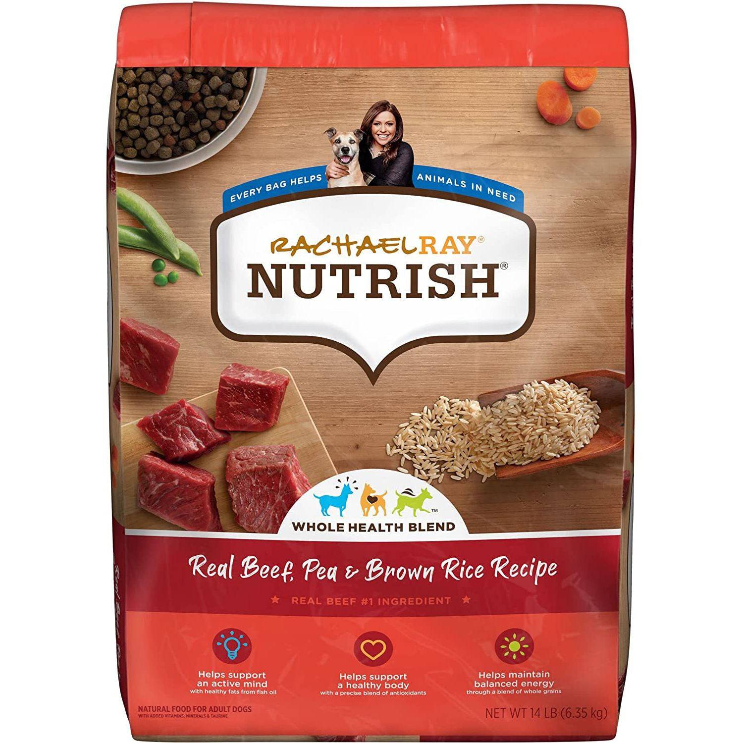 A package of Rachael Ray Nutrish Whole Health Blend, Real Beef, Pea & Brown Rice Recipe dog food. The package is red and brown with images of kibble, raw beef chunks, green peas, and brown rice. It has icons indicating benefits such as supporting an active mind, healthy body, and balanced energy. The net weight is 14 lb (6.35 kg).