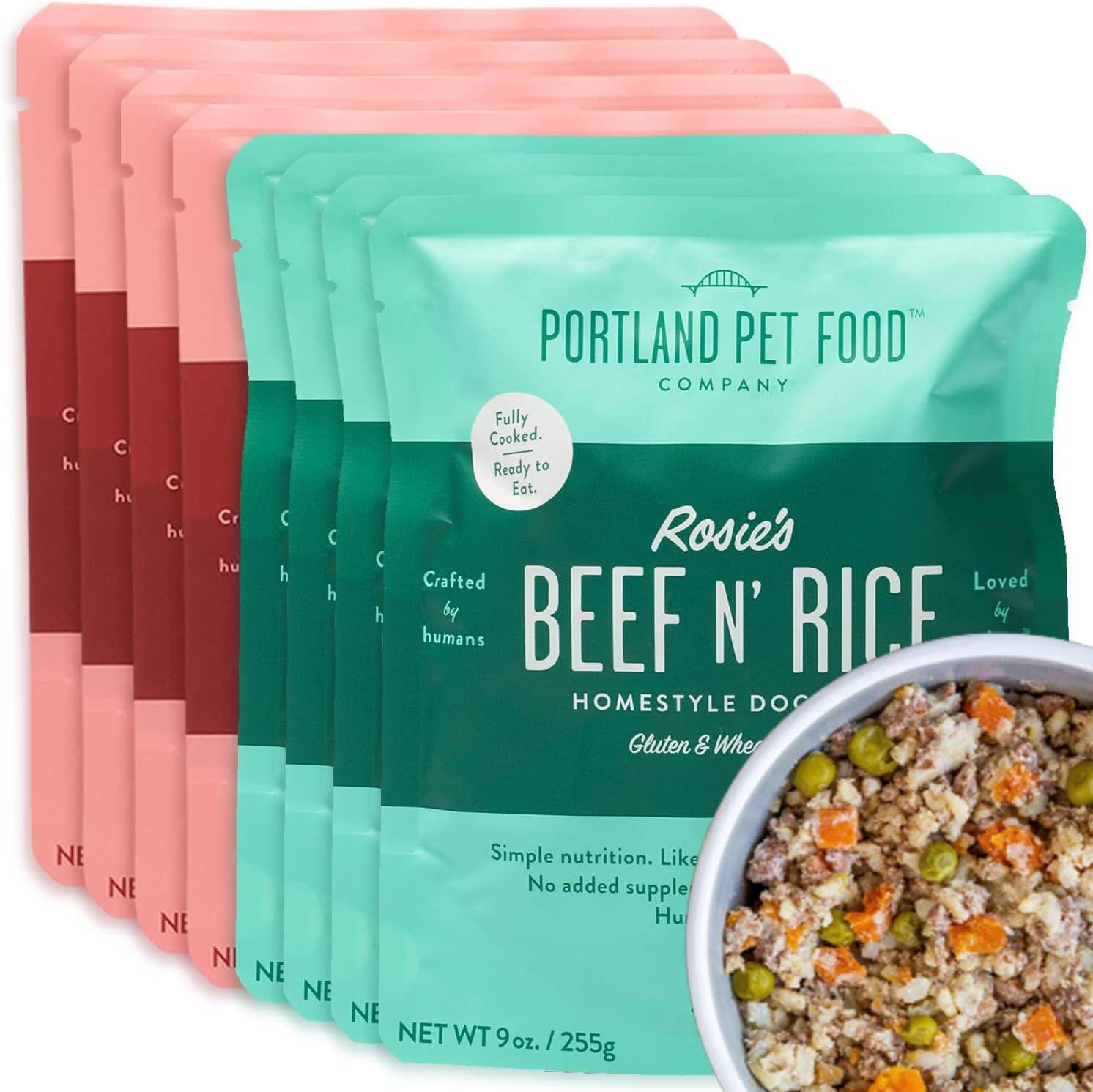 Front packaging of Portland Pet Food in multiple individual packs, featuring vibrant labels showcasing the wholesome ingredients within.