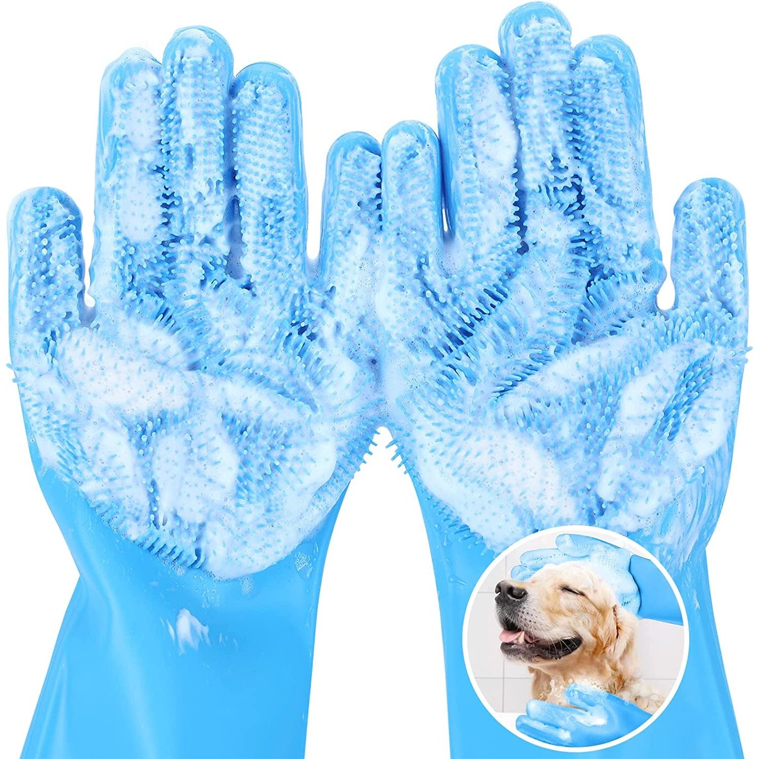 Pecute Pet Grooming Gloves, Heat Resistant Cat Bathing Gloves with High-Density Teeth, Silicone Dog Bathing Gloves with Enhanced Five Finger Design, Bathing and Massaging for Dogs and Cats Blue - HappyTails