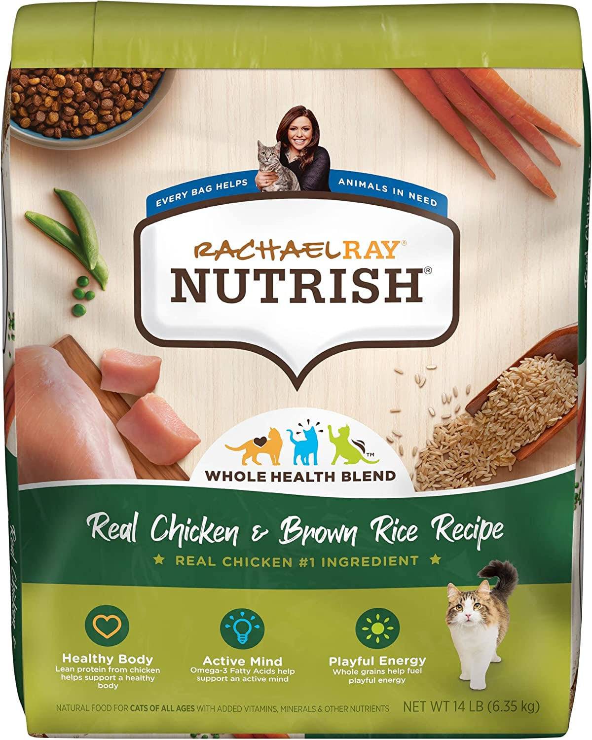 A bag of Rachael Ray Nutrish Whole Health Blend dry cat food featuring Real Chicken & Brown Rice Recipe, which lists healthy body, active mind, and playful energy as benefits. Visual elements include images of fresh chicken, peas, carrots, and brown rice, as well as icons representing a heart for healthy body, brain for active mind, and paw for playful energy. Below, there is a cat looking upwards and the weight of the bag is specified as 14 LB (6.35 kg).