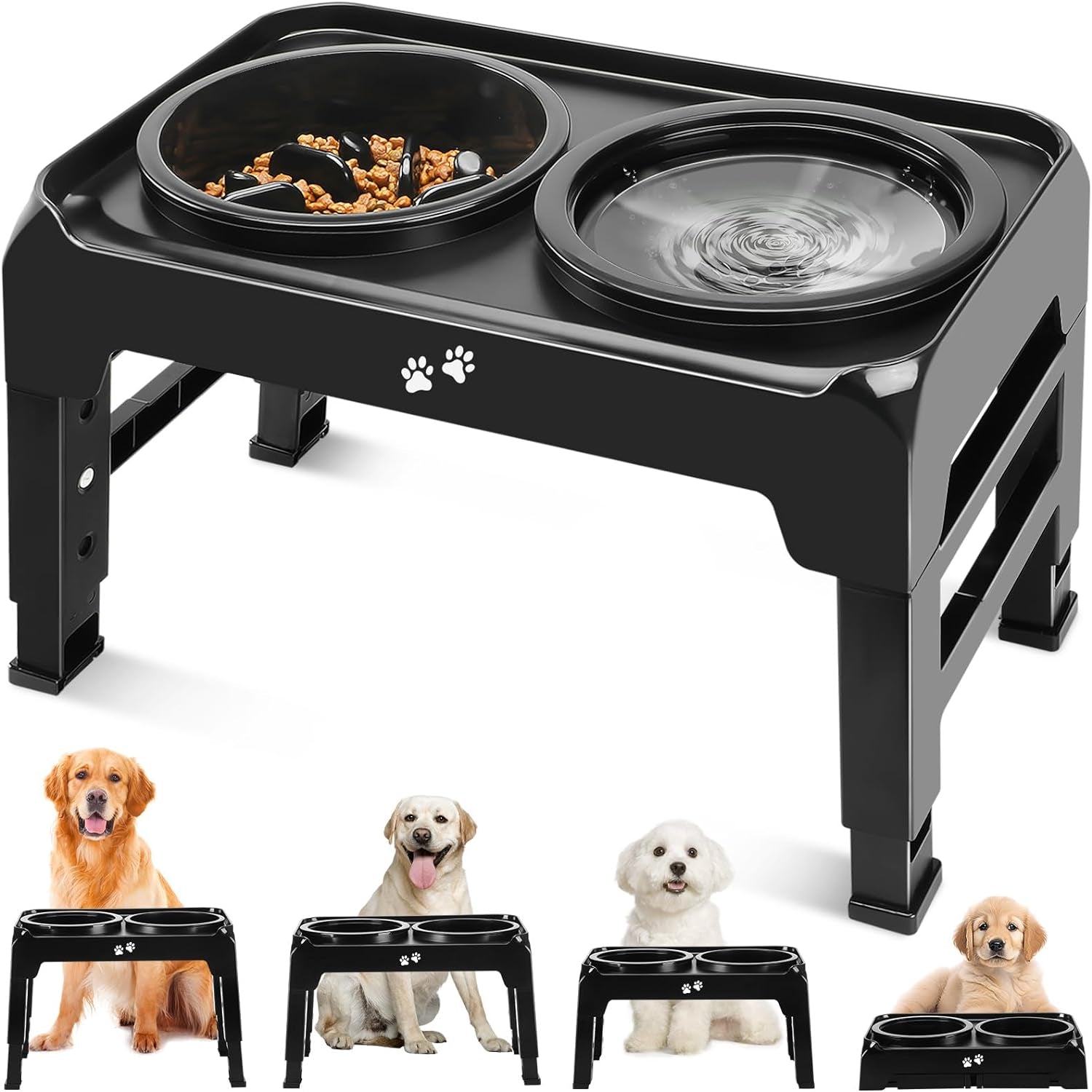 2-In-1 Elevated Dog Bowls Slow Feeder for Large Breed Medium Sized Dogs with No Spill Dog Water Bowl, 4 Height Adjustable Raised Dog Bowl Stand for Food and Water, Non-Slip Dog Feeder, Black