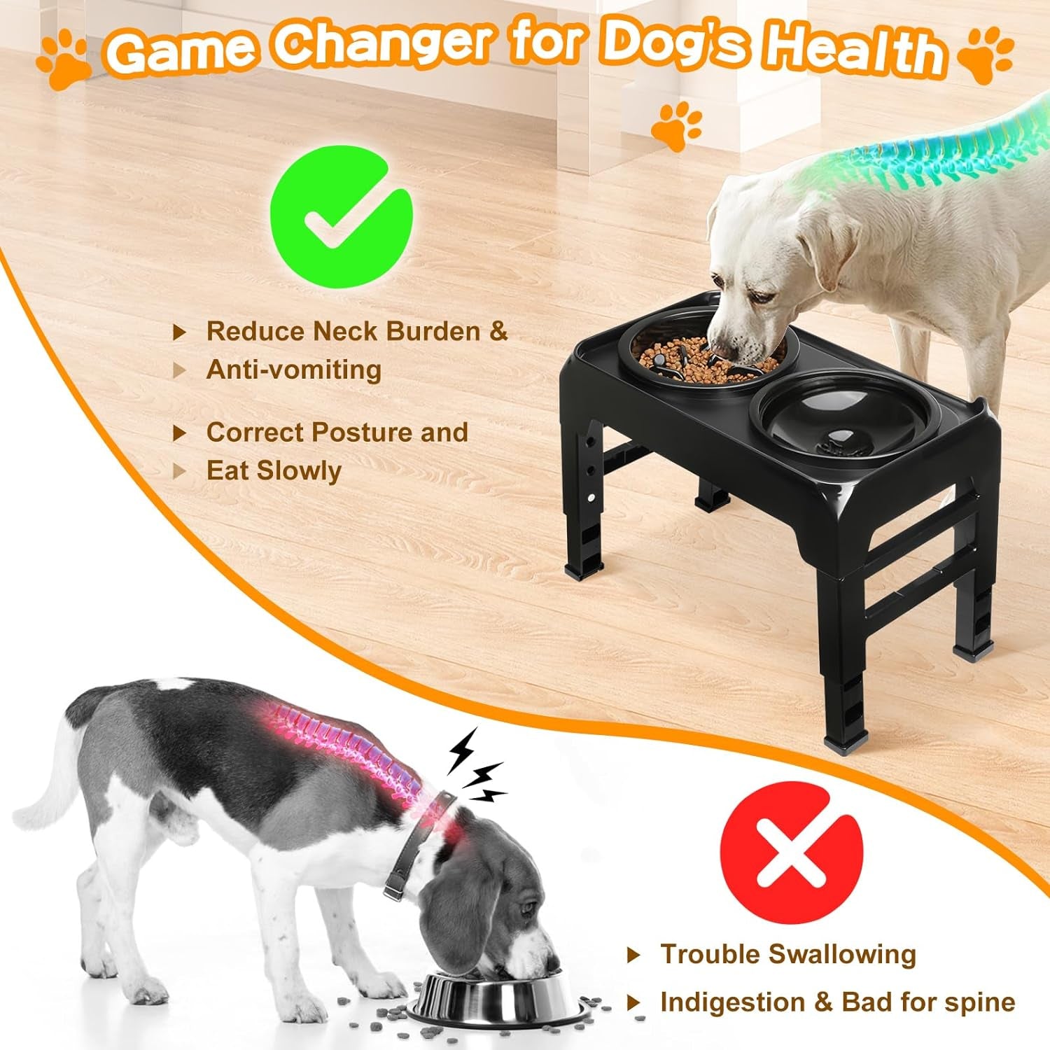 2-In-1 Elevated Dog Bowls Slow Feeder for Large Breed Medium Sized Dogs with No Spill Dog Water Bowl, 4 Height Adjustable Raised Dog Bowl Stand for Food and Water, Non-Slip Dog Feeder, Black