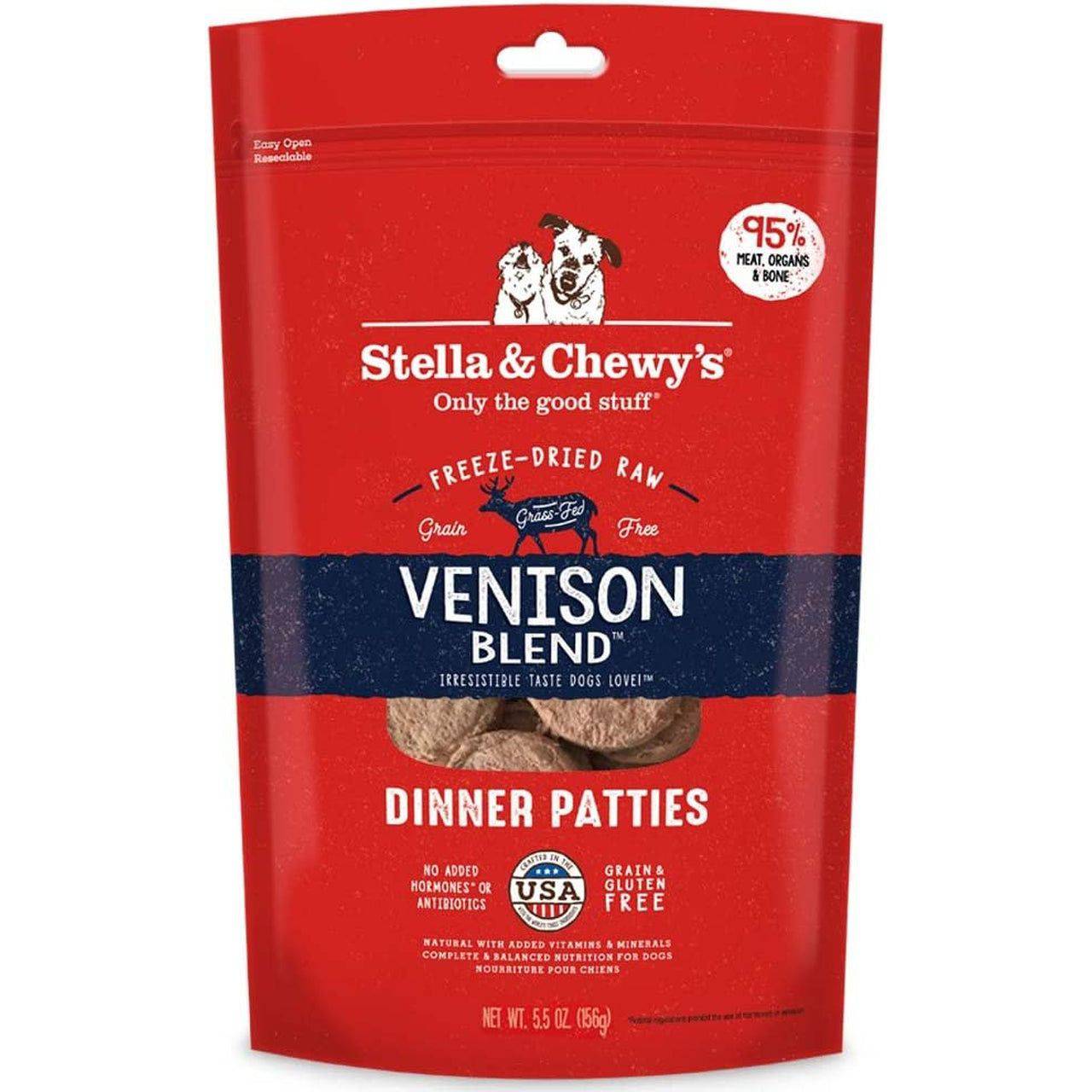 A red bag of "Stella & Chewy's" brand freeze-dried raw venison blend dinner patties for dogs, labeled as grain and gluten-free with no added hormones or antibiotics, made in the USA, and weighing 5.5 ounces.