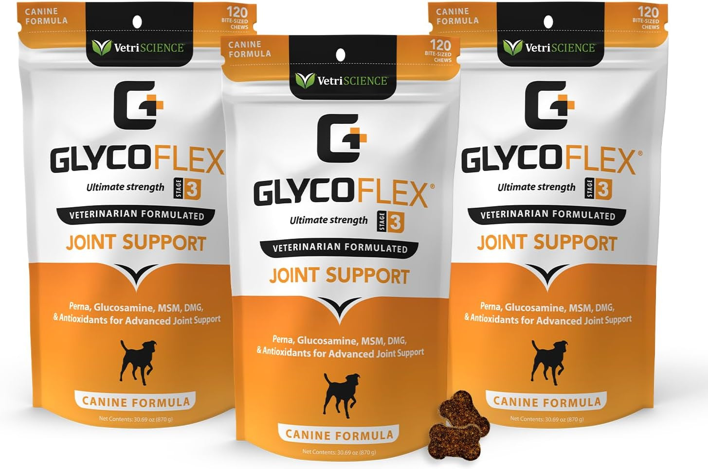 Vetriscience Glycoflex 3 Clinically Proven Hip and Joint Supplement for Dogs - Maximum Strength Dog Supplement with Glucosamine, MSM, Green Lipped Mussel & DMG - 120 Chews, Chicken Flavor​