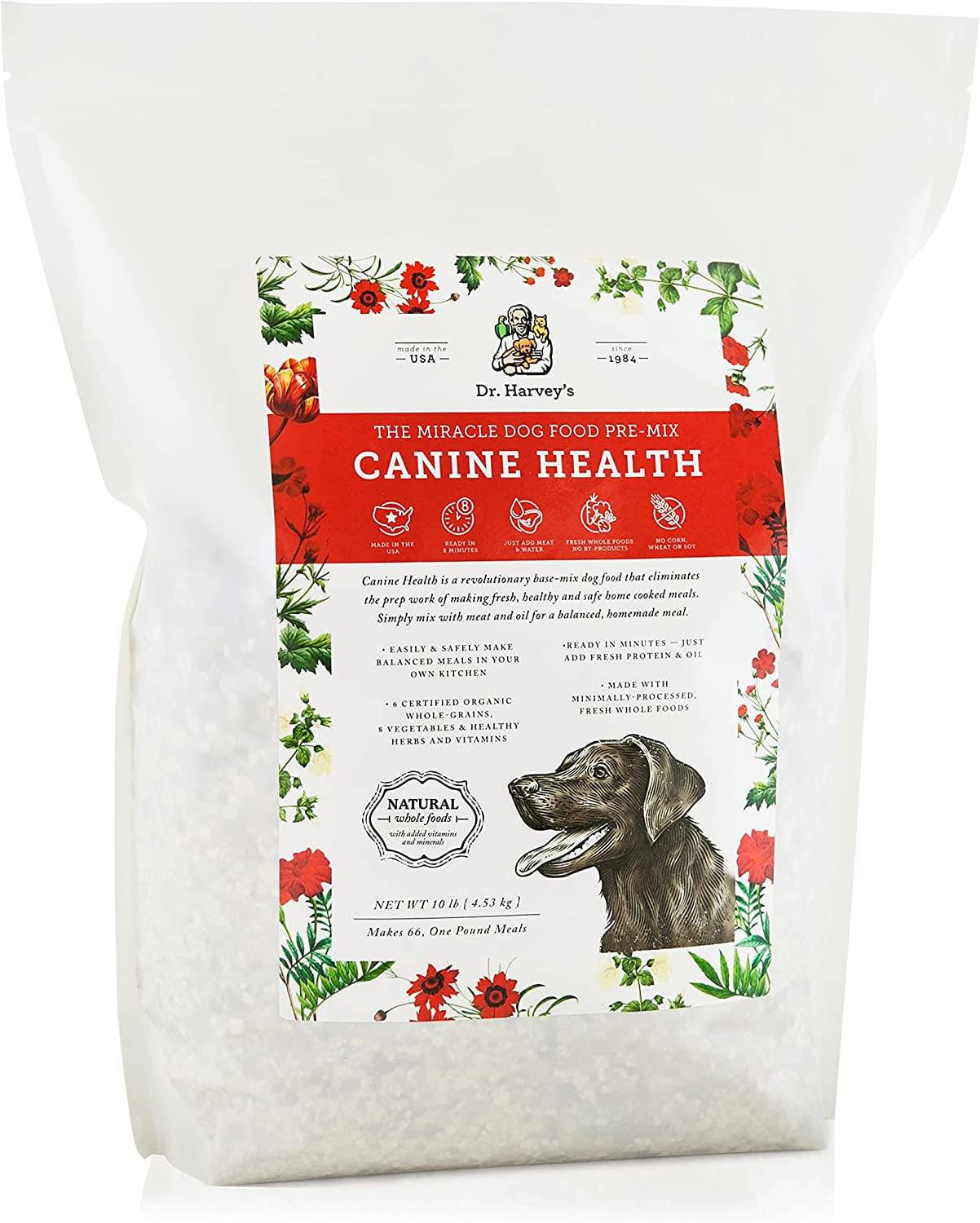 Dr. Harvey's Human Grade Dog Food packaged with red background, promoting its nutritious and delicious formula.