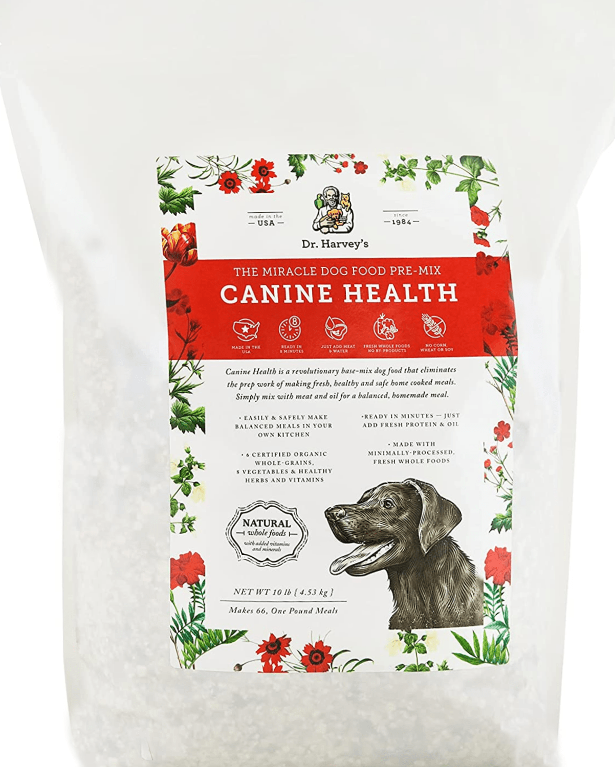 Dr. Harvey's Human Grade Dog Food packaged with red background, promoting its nutritious and delicious formula.