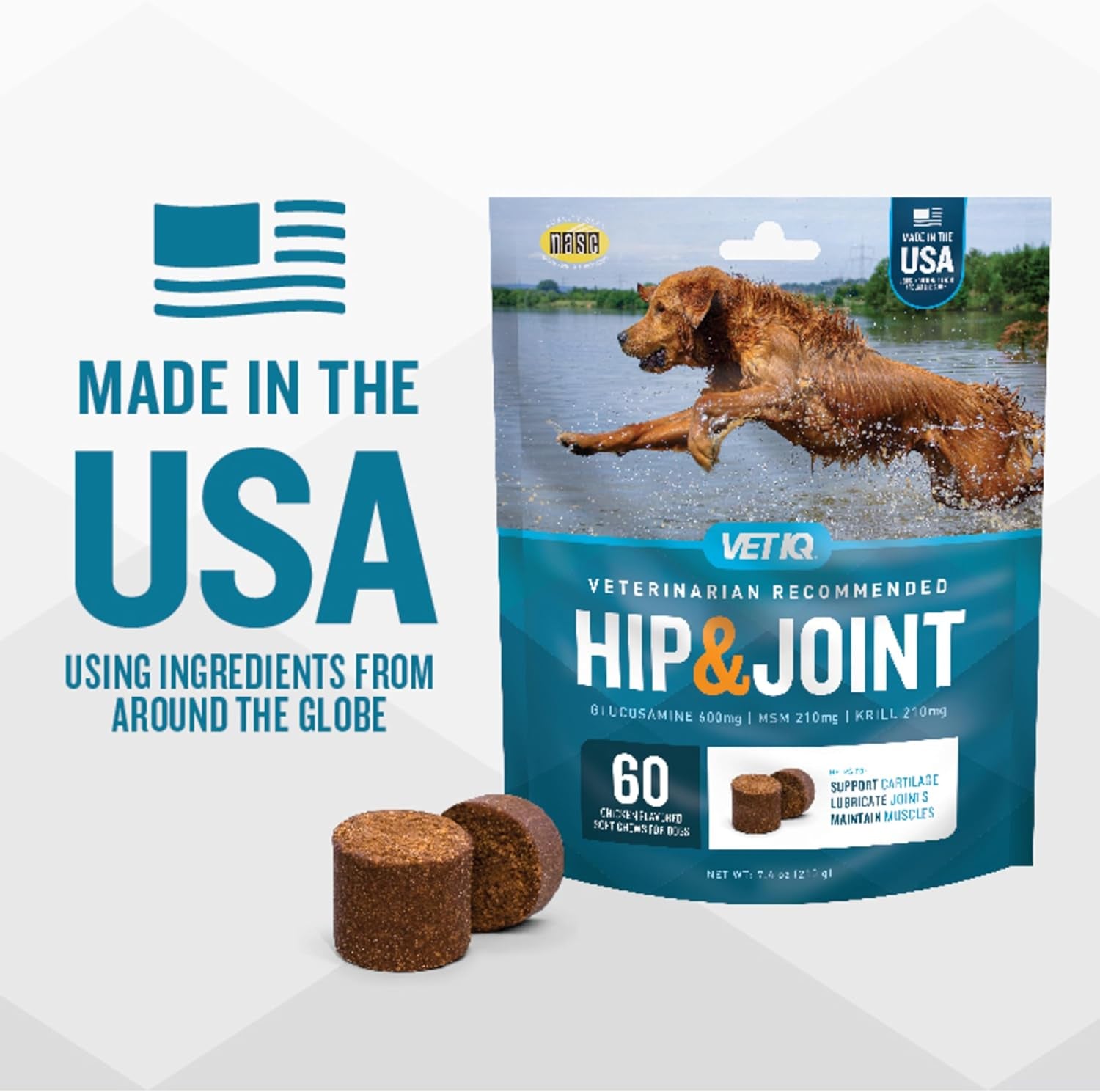 Vetiq Glucosamine Hip & Joint Supplement for Dogs, 180 Soft Chews, Dog Joint Support Supplement with MSM and Krill, Dog Health Supplies Large & Small Breed, Chicken Flavored Chewables