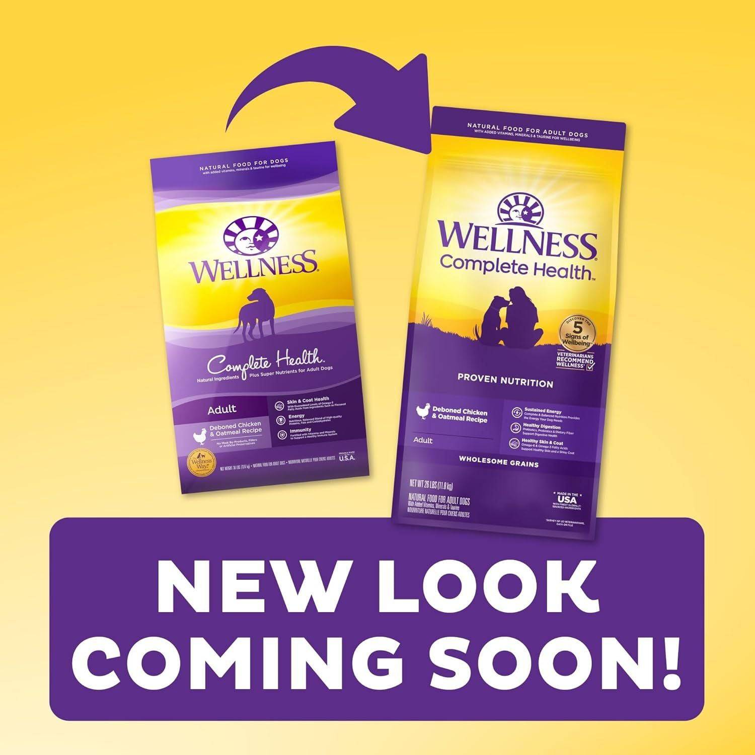 Two bags of Wellness Complete Health natural dog food with a purple and yellow design, one with an old design and one with a new design, with text "NEW LOOK COMING SOON!" and an arrow indicating the change.