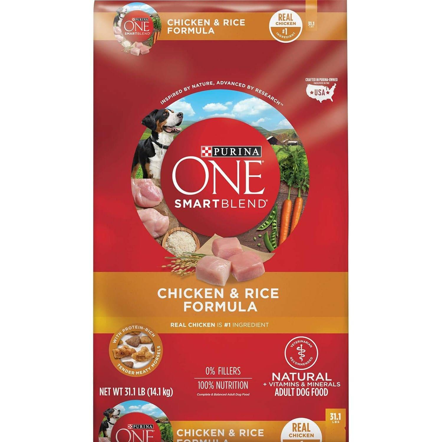 A bag of Purina ONE Smartblend Chicken & Rice Formula dog food with the image of a happy black and white dog on the front, alongside pictures of raw chicken and vegetables, emphasizing real chicken as the number one ingredient, no fillers, and natural vitamins and minerals for adult dogs.