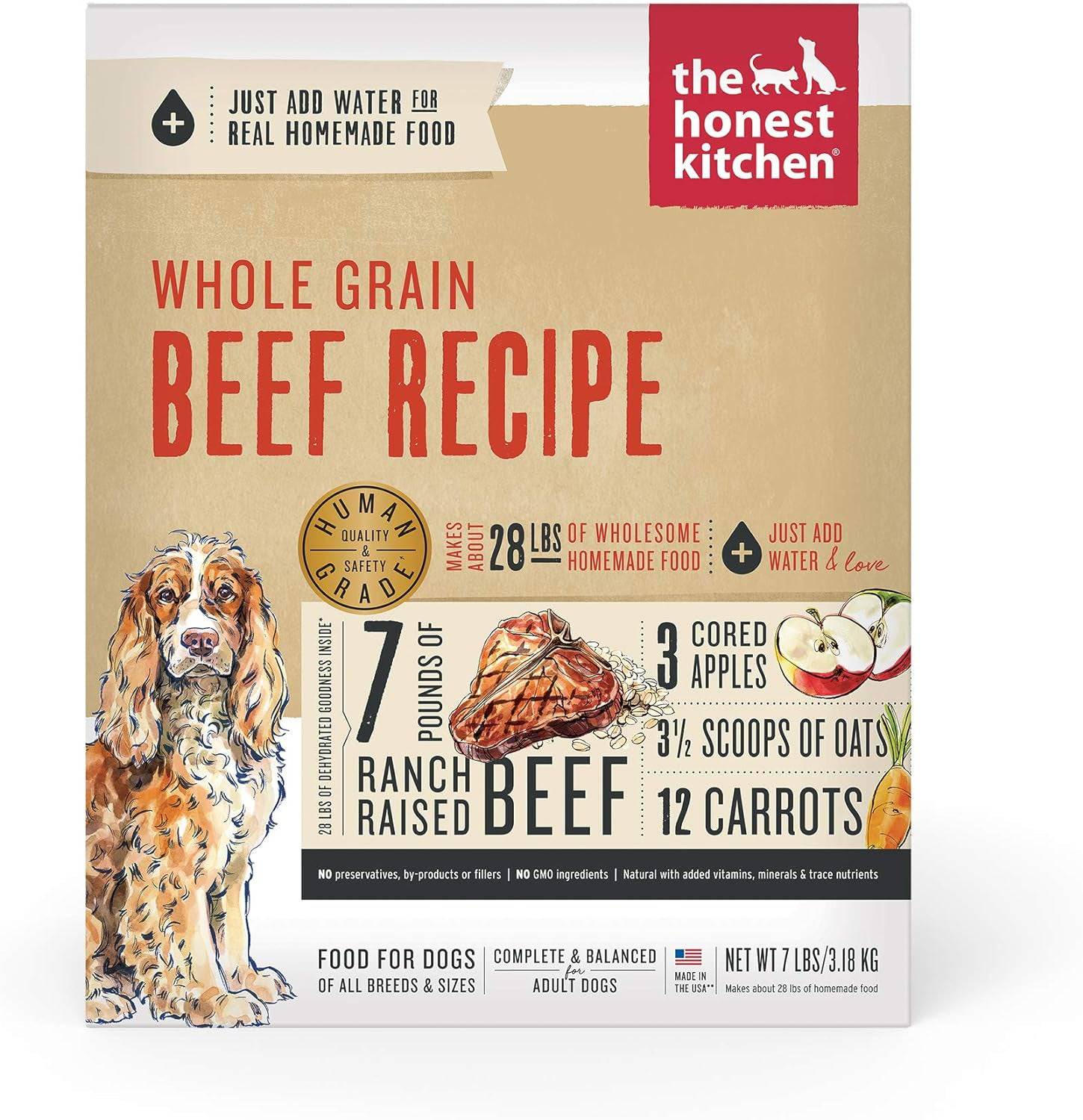 The Honest Kitchen Dog Food whole grain beef recipe front packaging,7lbs.